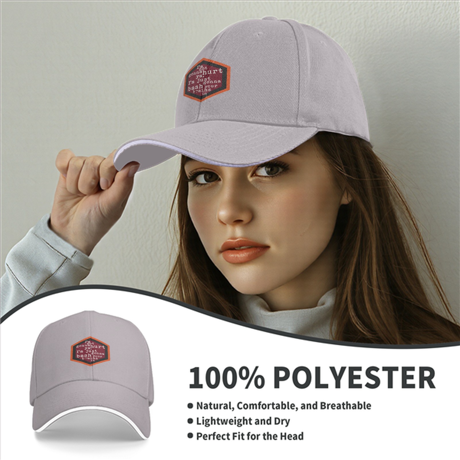 Black baseball cap with humorous hexagon text graphic