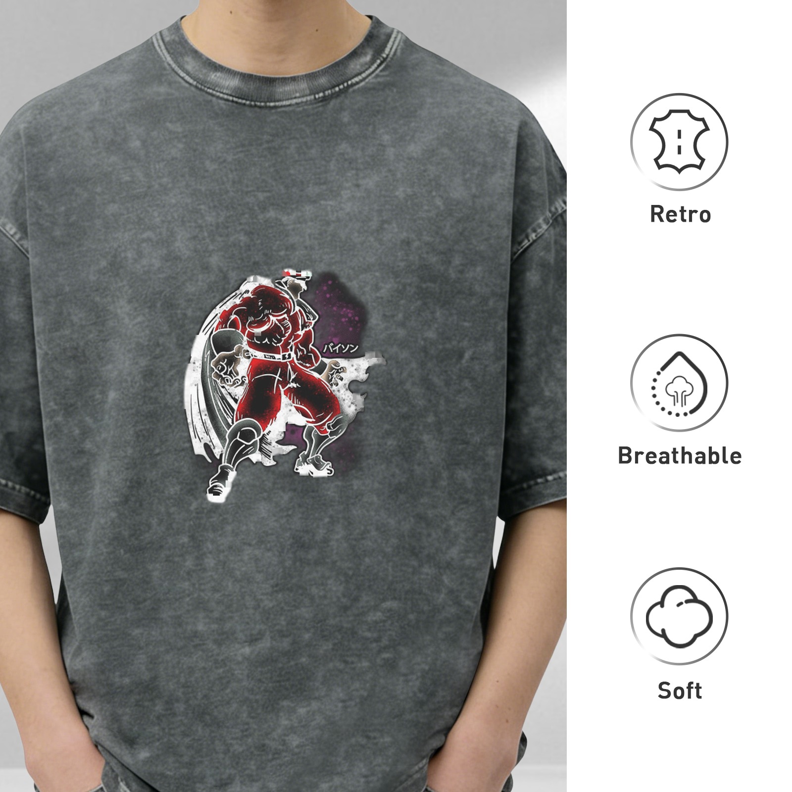 Oversized dark washed graphic t-shirt with anime villain print