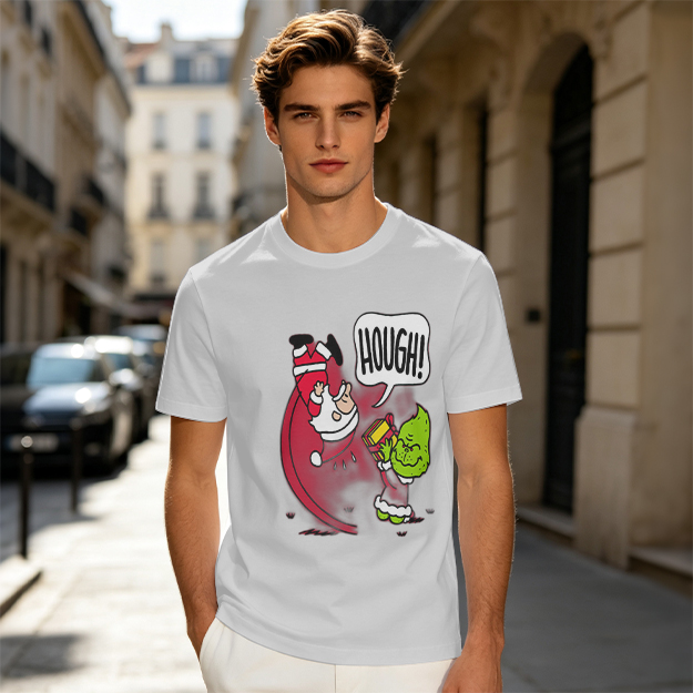 Olive Christmas T-Shirt With Grinch Lifting Santa Claus Print
