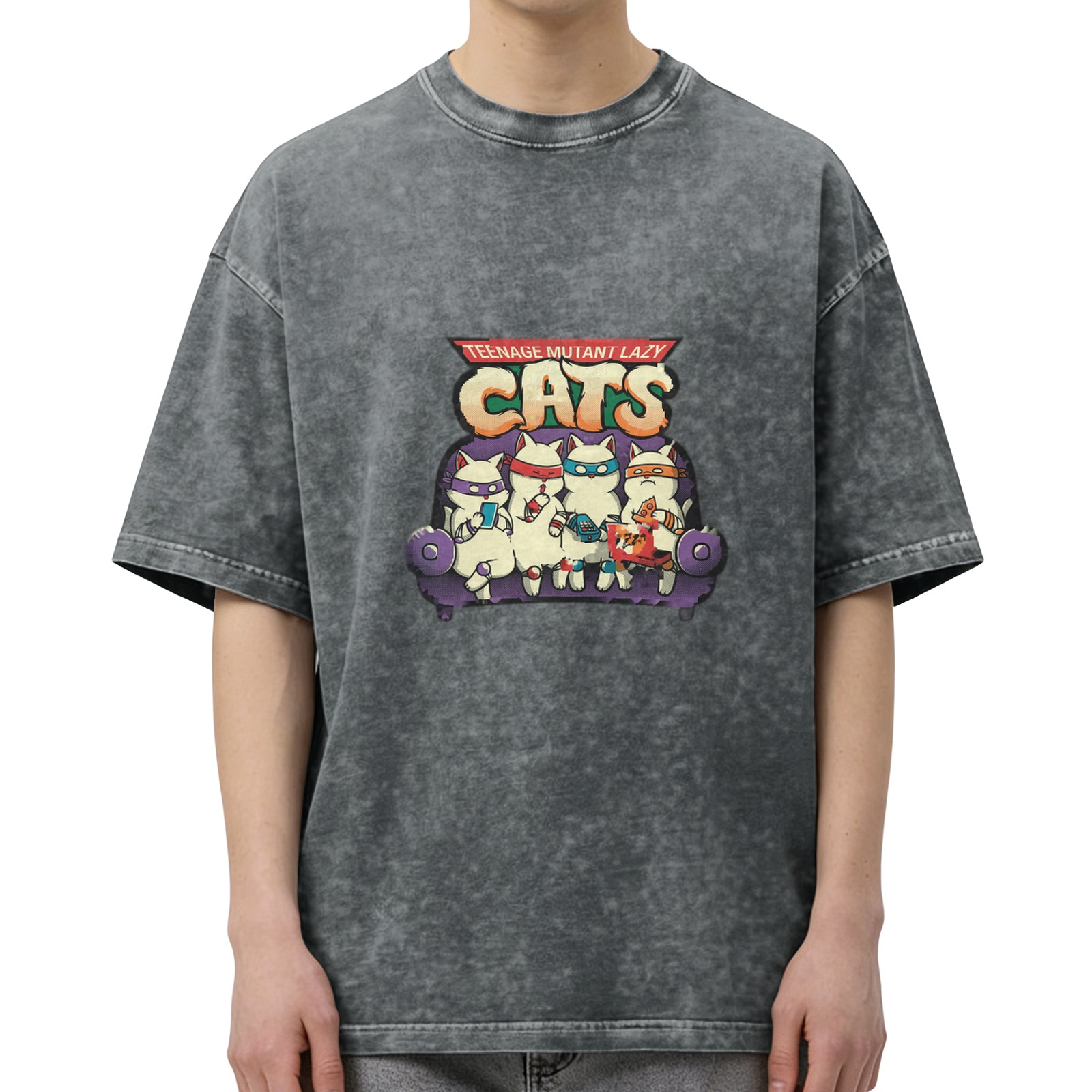 Teenage Mutant Lazy Cats Graphic Stonewashed Black T-Shirt