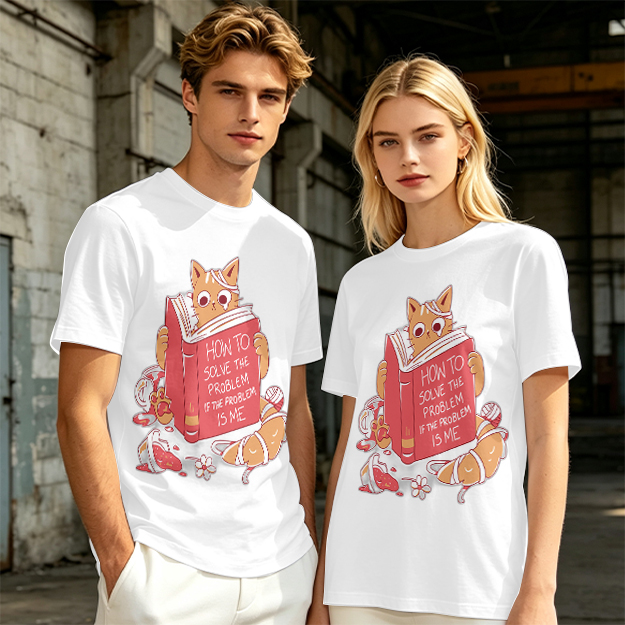 Olive T-Shirt With Ginger Cat Reading Self-Help Book Print