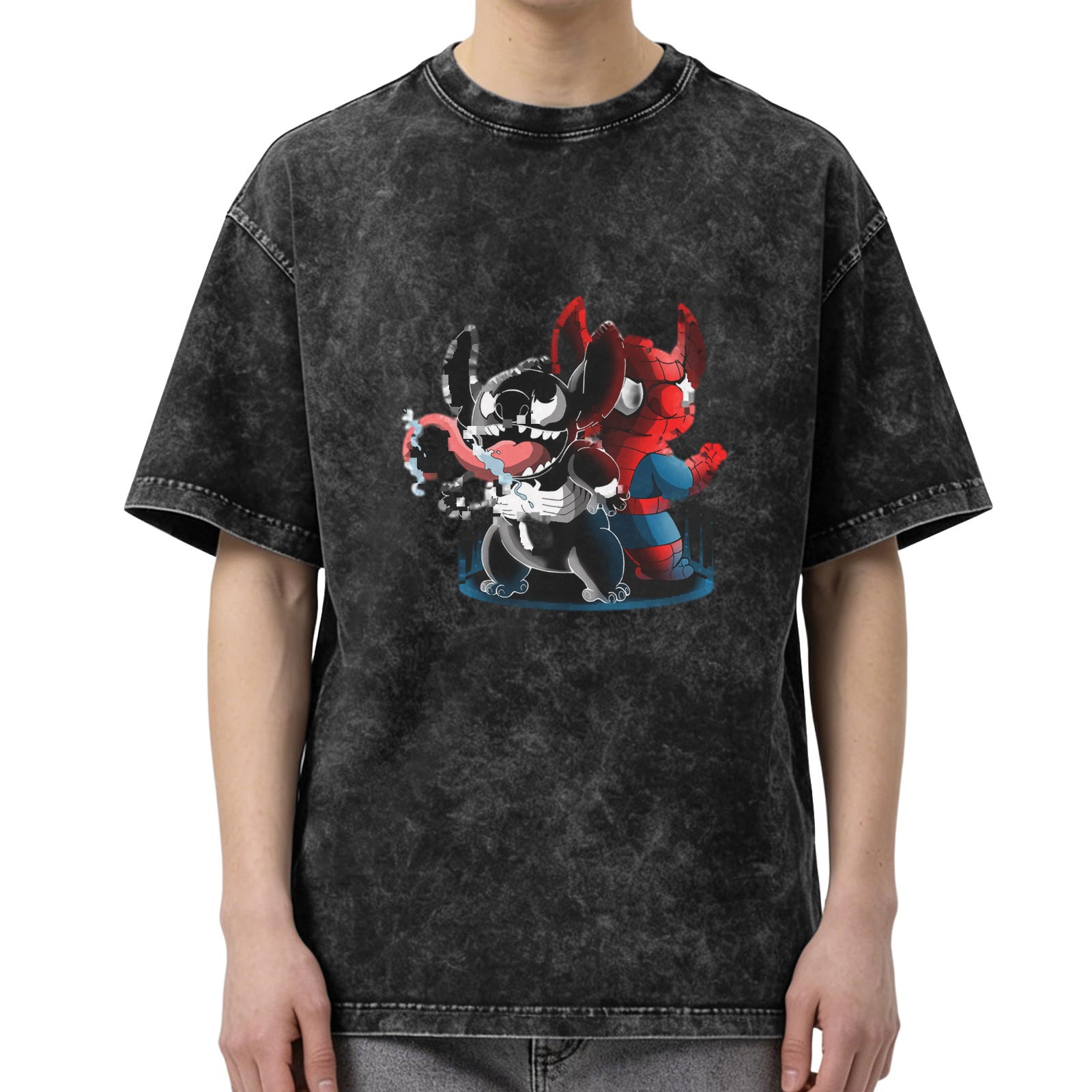Oversized Acid Wash T-Shirt with Stitch Venom and Spider-Man Graphic