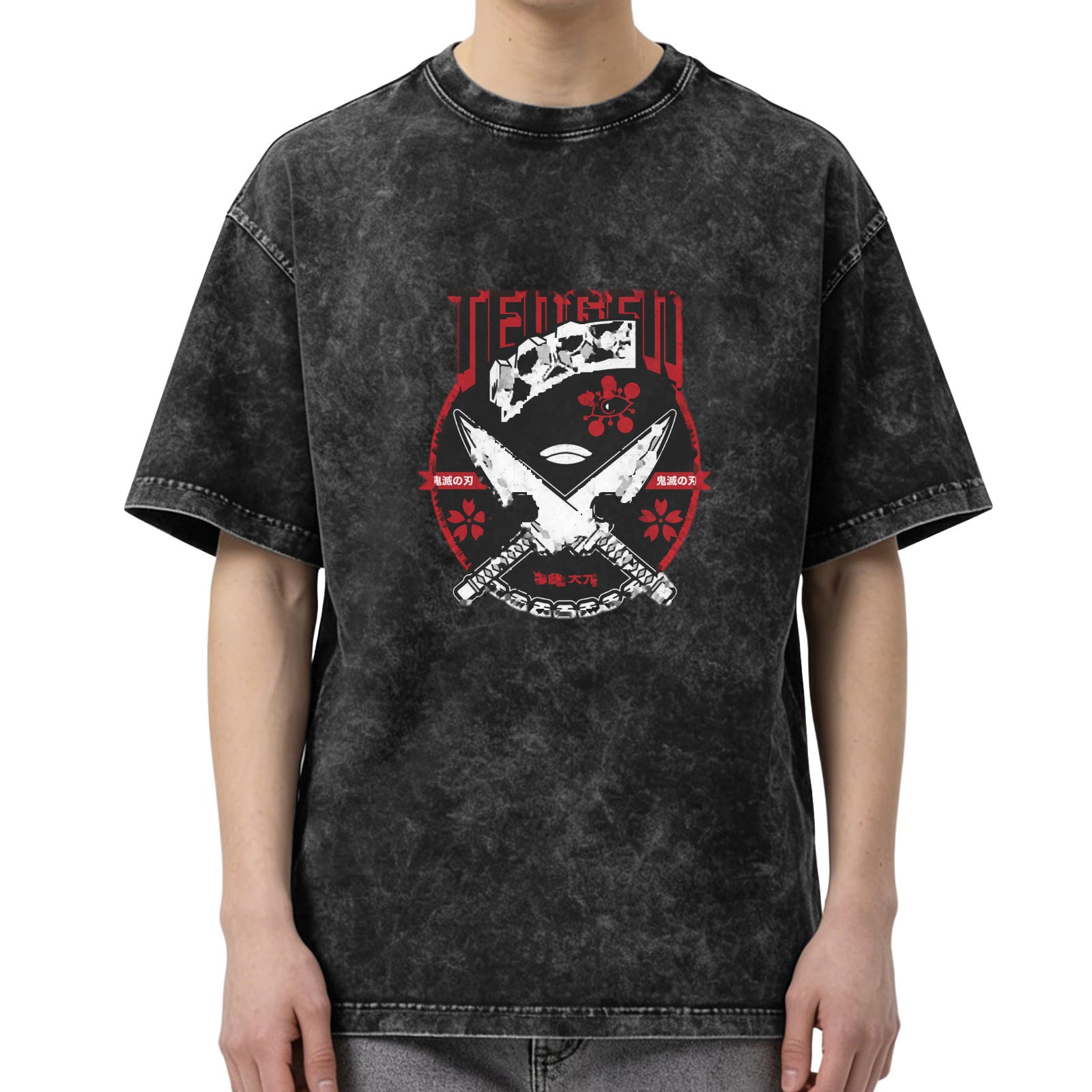 Oversized Acid Wash Anime Graphic T-Shirt