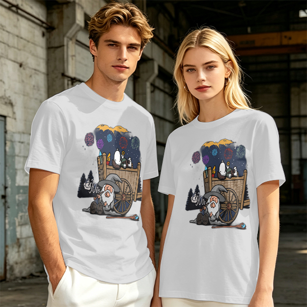 Olive T-Shirt with Wizard and Fireworks Cart Graphic