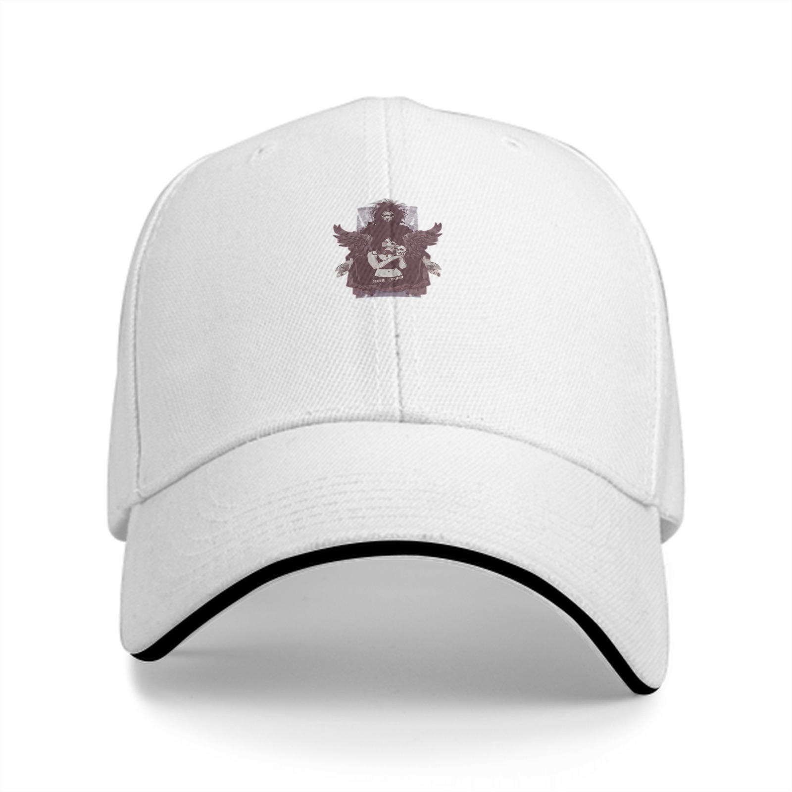 Black Baseball Cap With Dark Winged Character Graphic Print