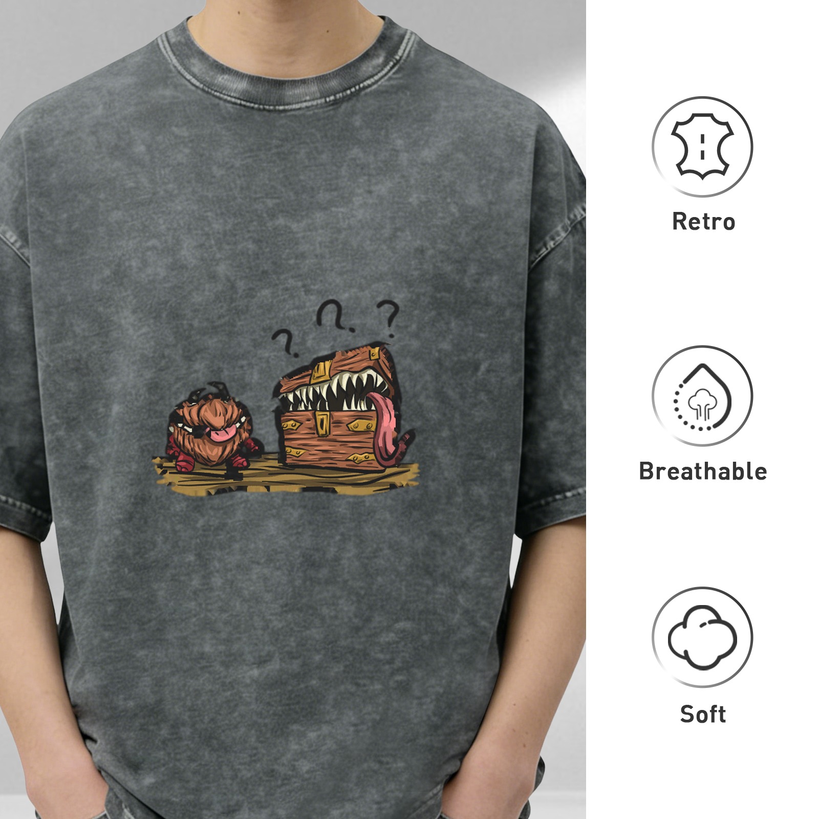 oversized acid wash t-shirt with mimic monster chest and creature graphic