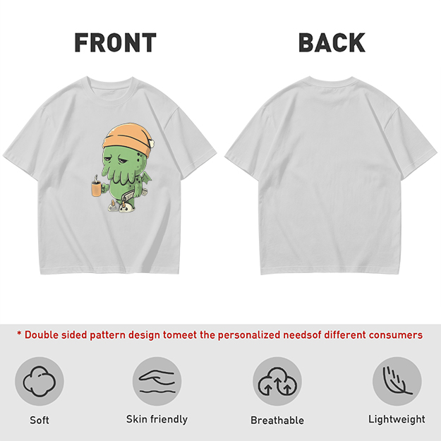 Olive T-Shirt With Sleepy Cthulhu Holding Coffee And Phone