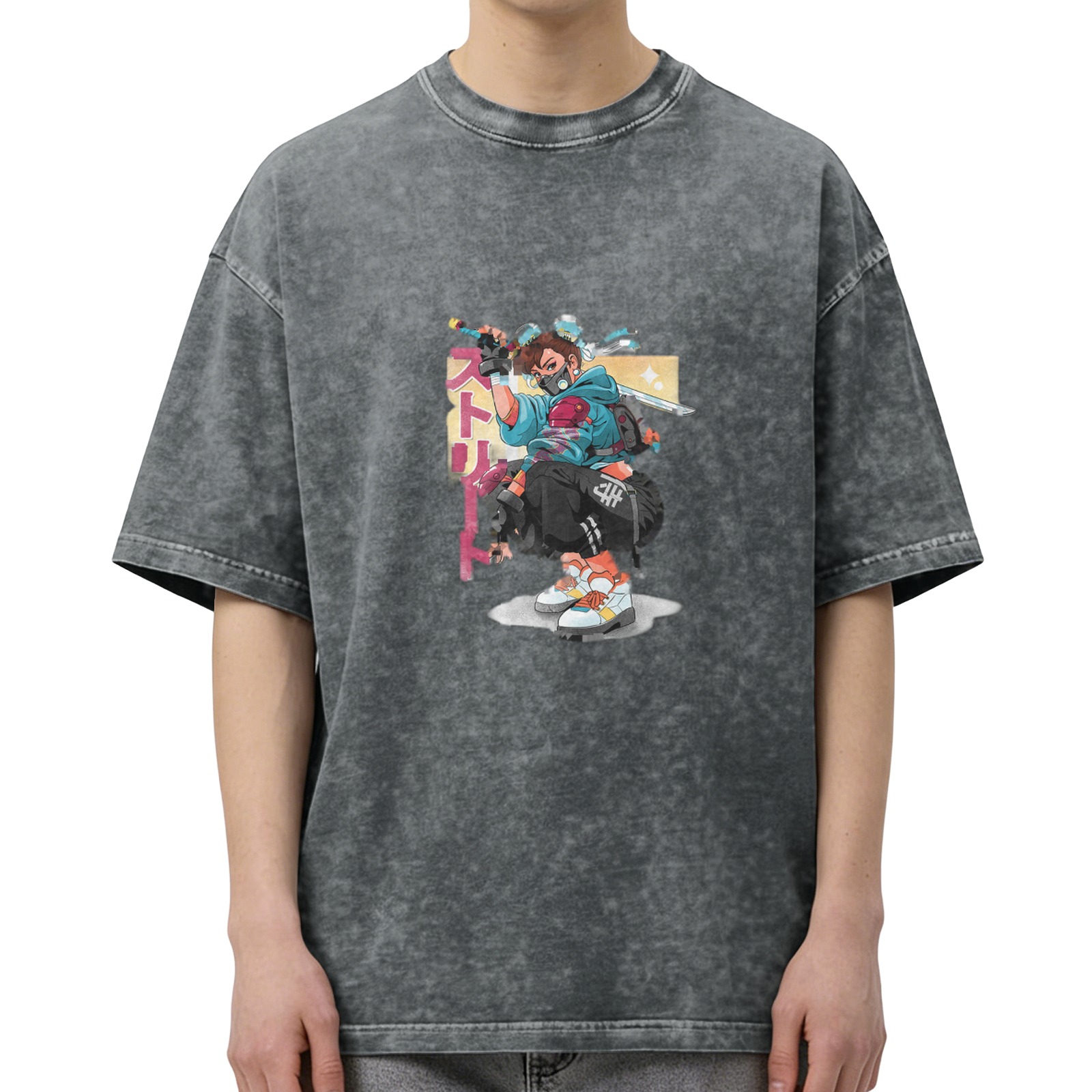 Oversized Acid Wash T-Shirt with Anime Cyberpunk Ninja Graphic