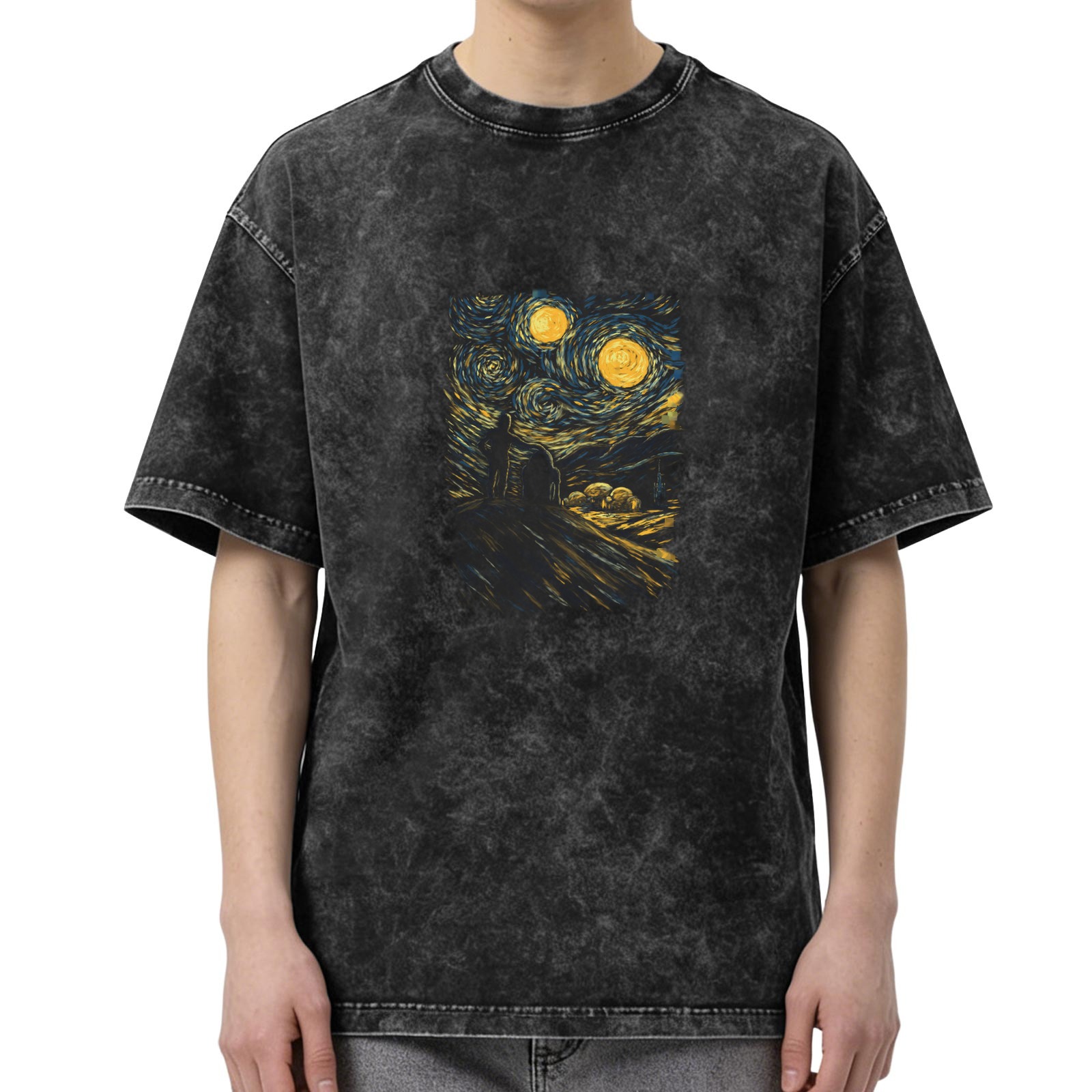 Oversized Washed T-Shirt with Starry Night Art Print