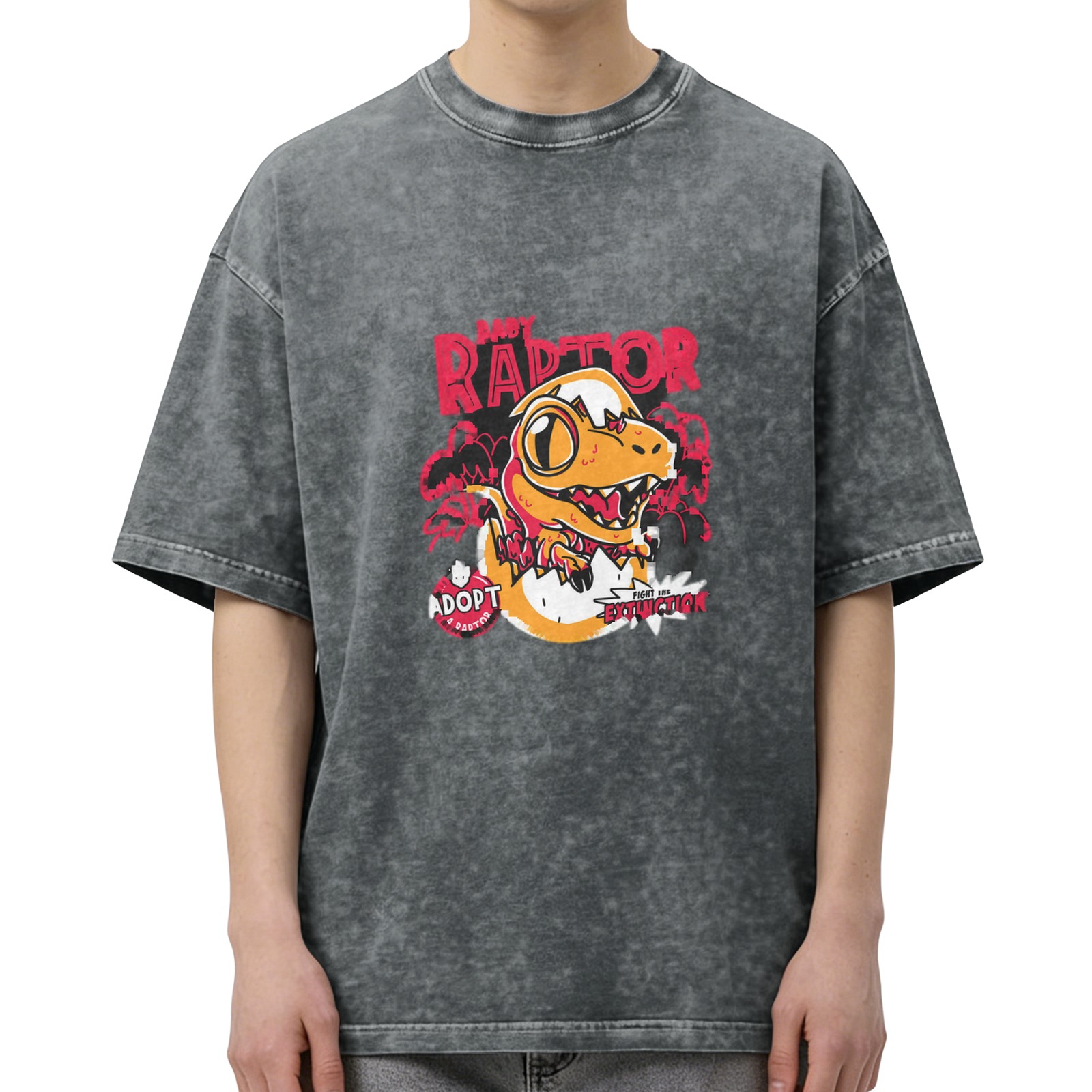Baby Raptor Graphic Print Oversized Stone Wash T-Shirt