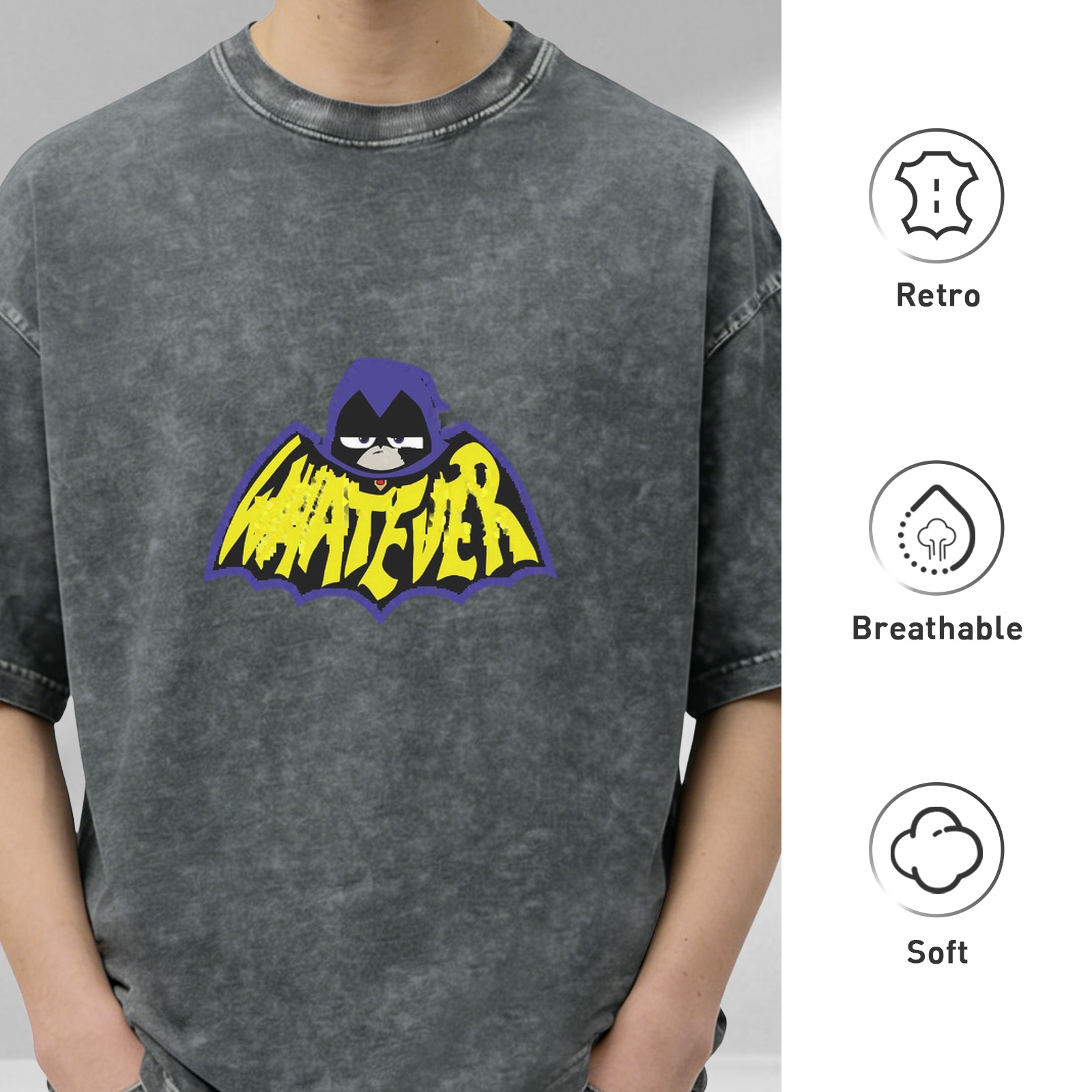 Teen Titans Raven Whatever Bat Logo Acid Wash Black T-Shirt