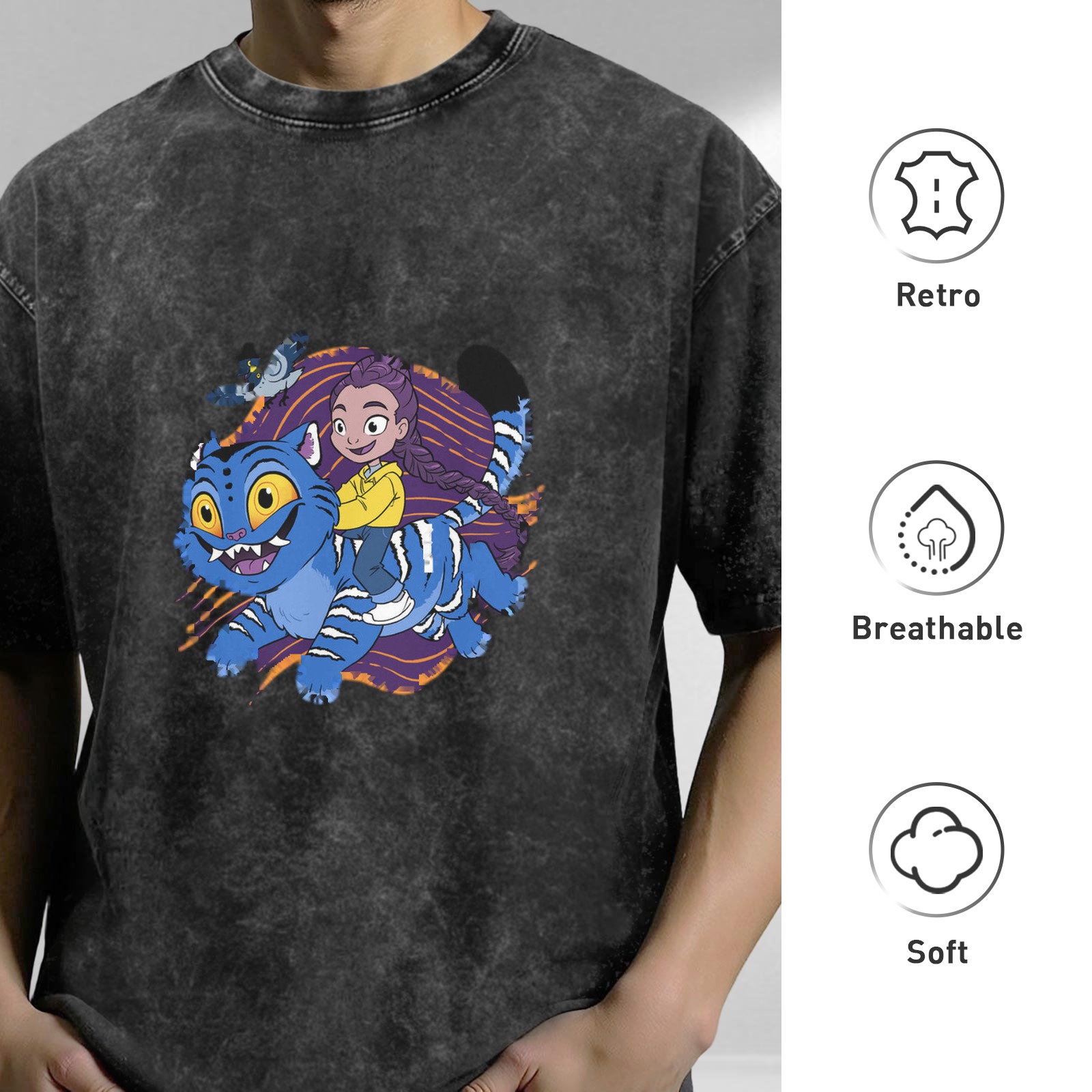 Washed black graphic t-shirt with cartoon girl riding blue fantasy cat design