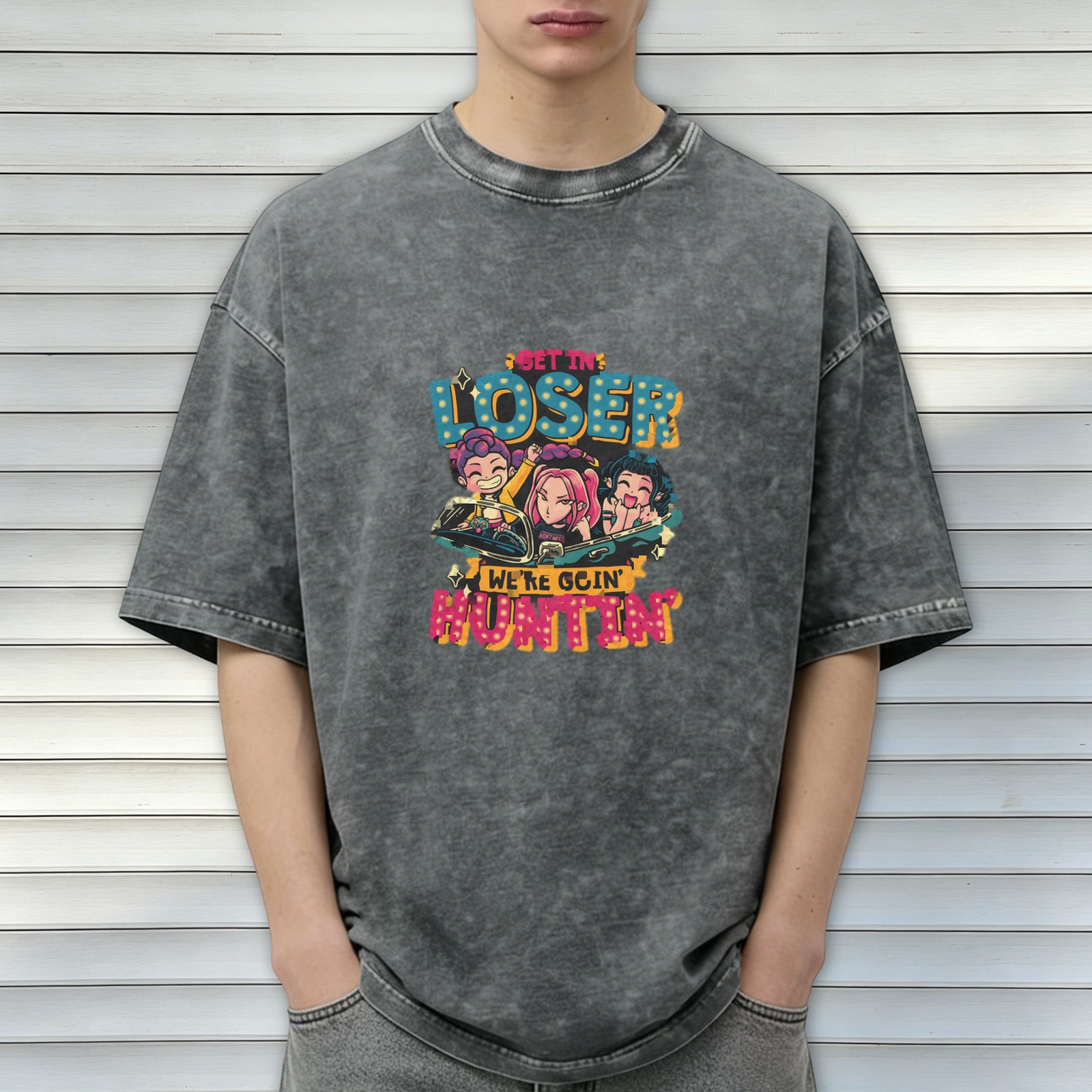 Washed black graphic t-shirt with get in loser we're goin huntin design