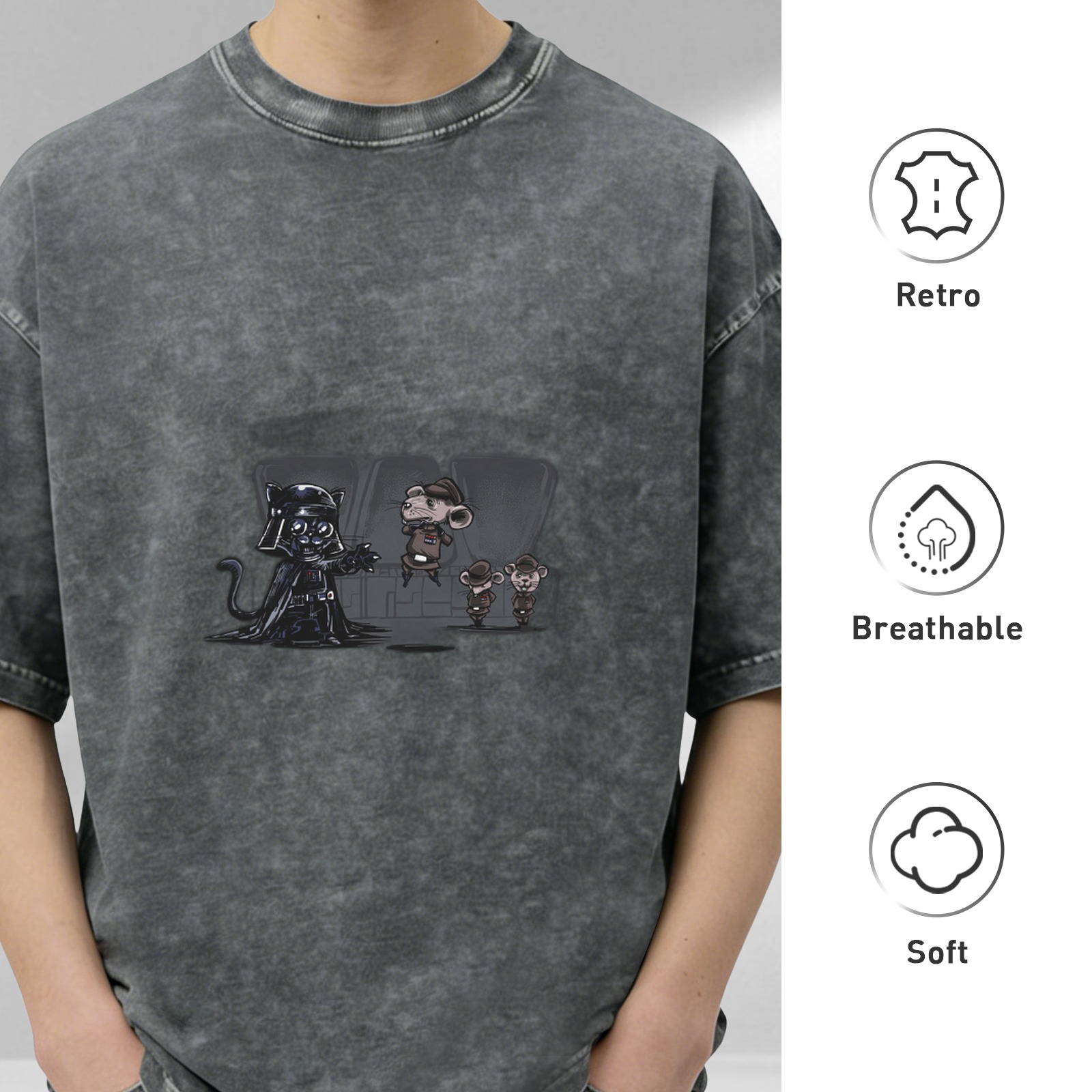 oversized acid wash t-shirt with cat vader and mouse parody graphic