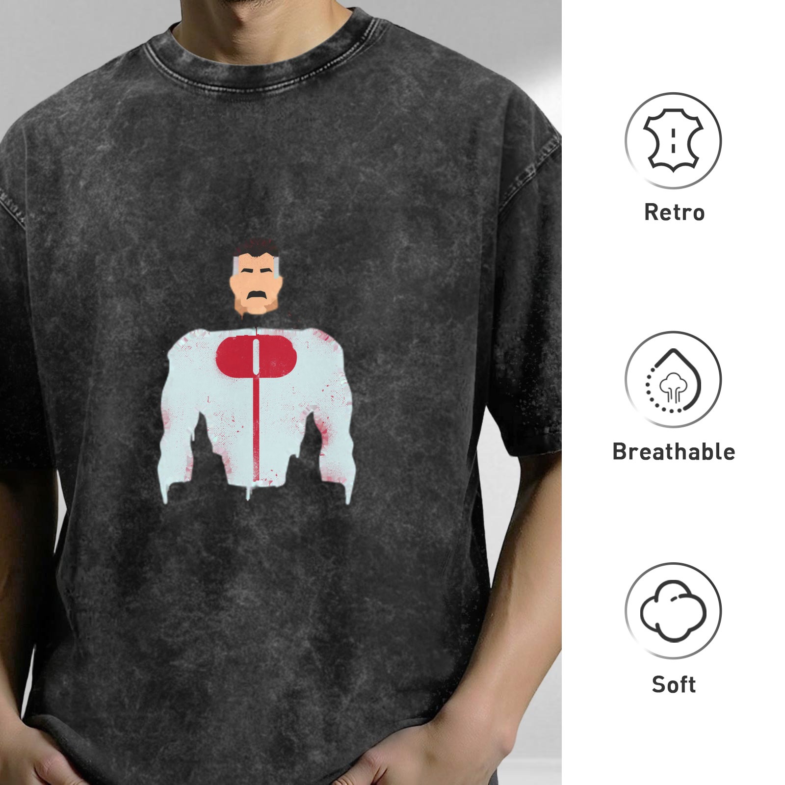 Retro washed black loose short-sleeved T-shirt printed with the minimalist pattern of the character Omni-Man