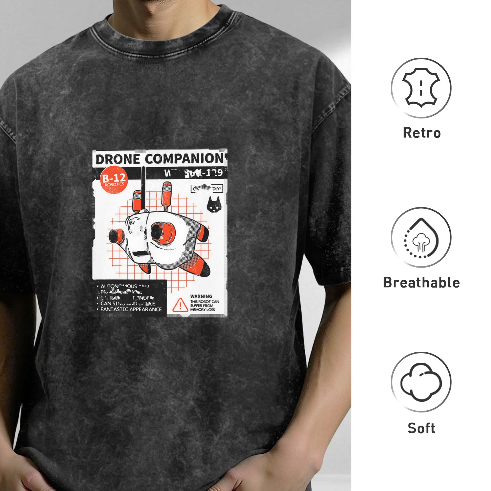 Oversized Black Stonewashed T-Shirt with Drone Companion Graphic Print