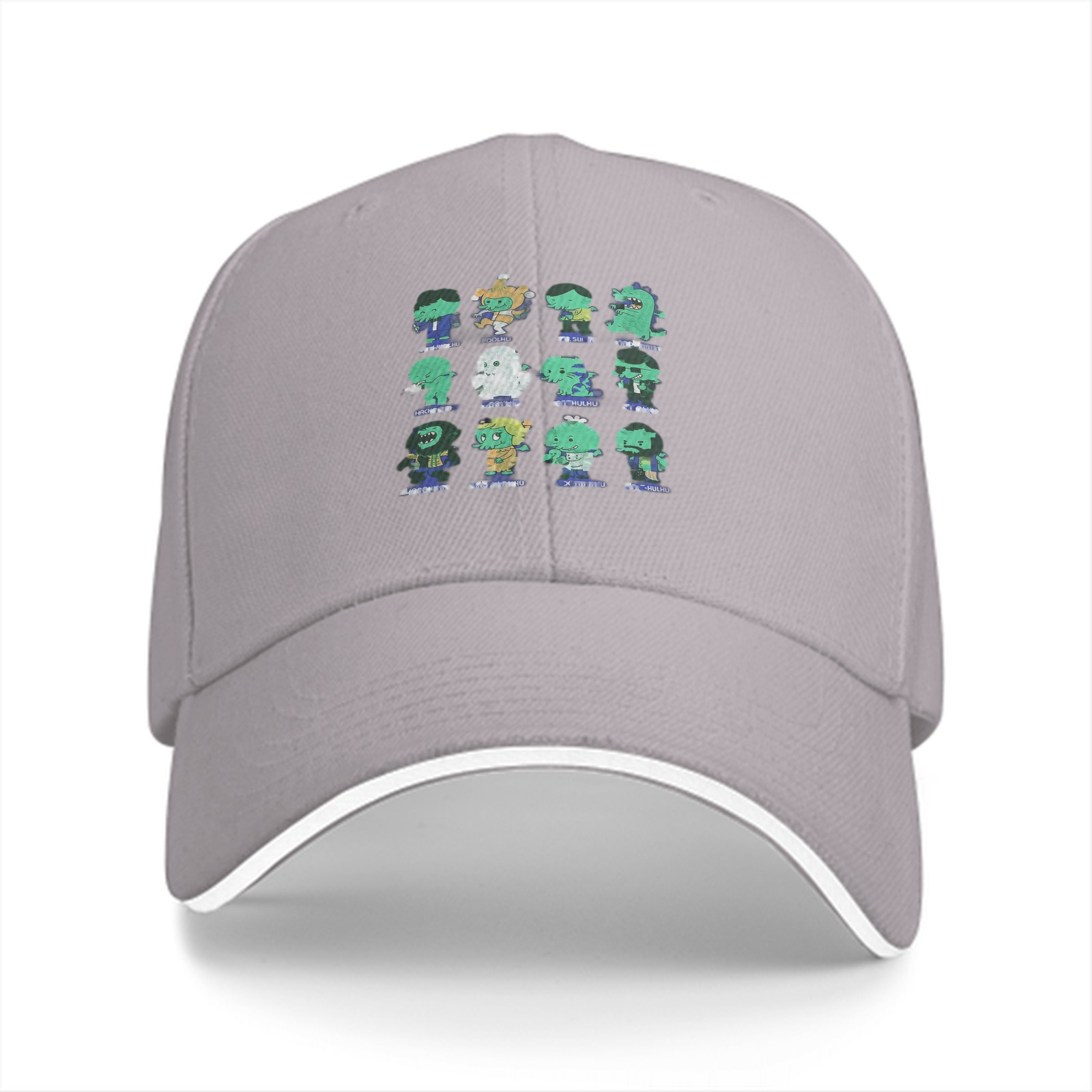 Black baseball cap with cute monster character grid print