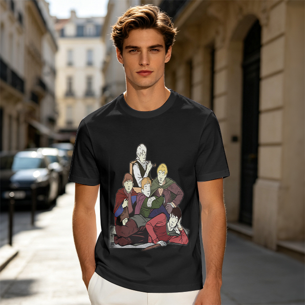 Olive T-shirt with Group of Fantasy Characters Graphic Print