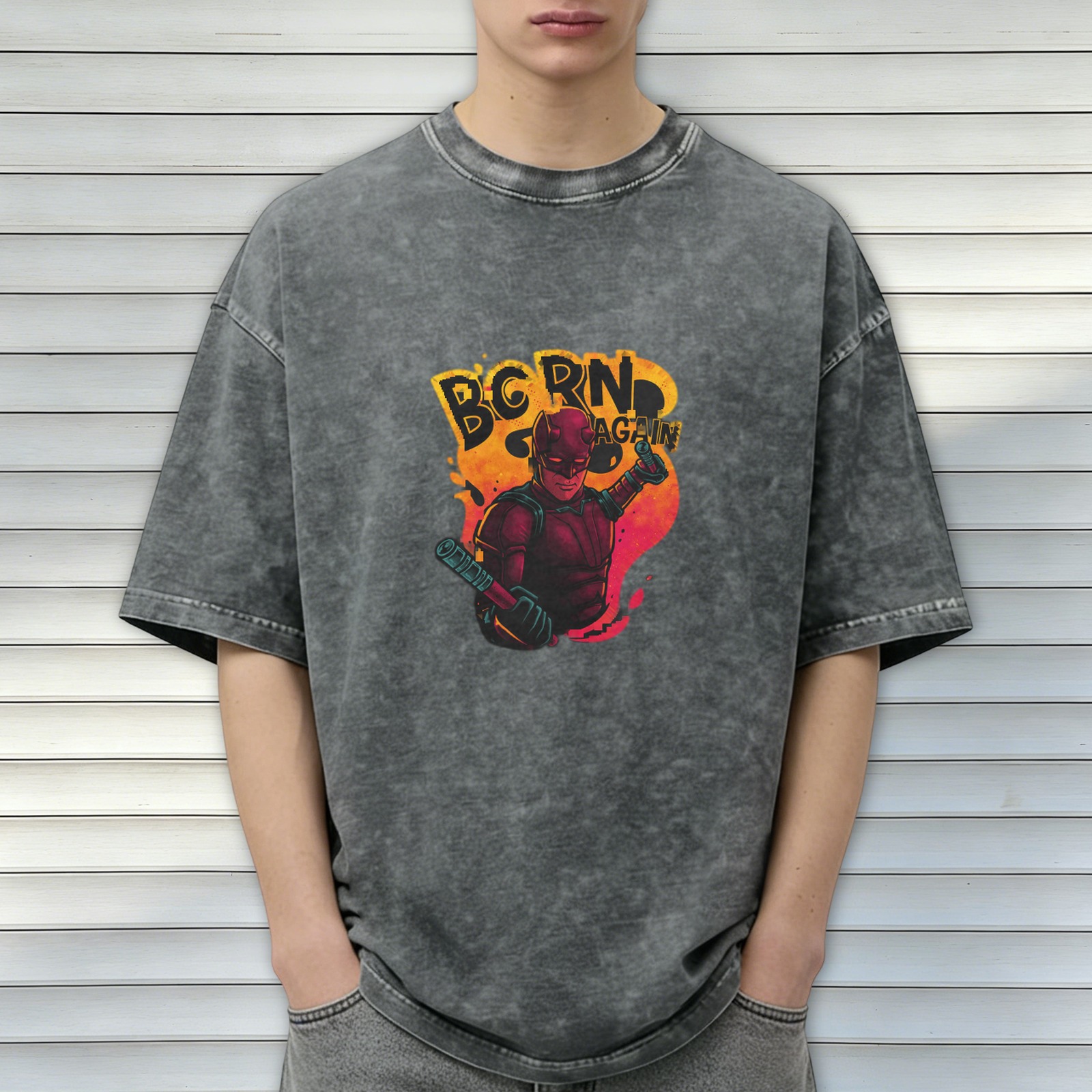 Oversized Dark Wash T-Shirt With Daredevil Born Again Graphic Print