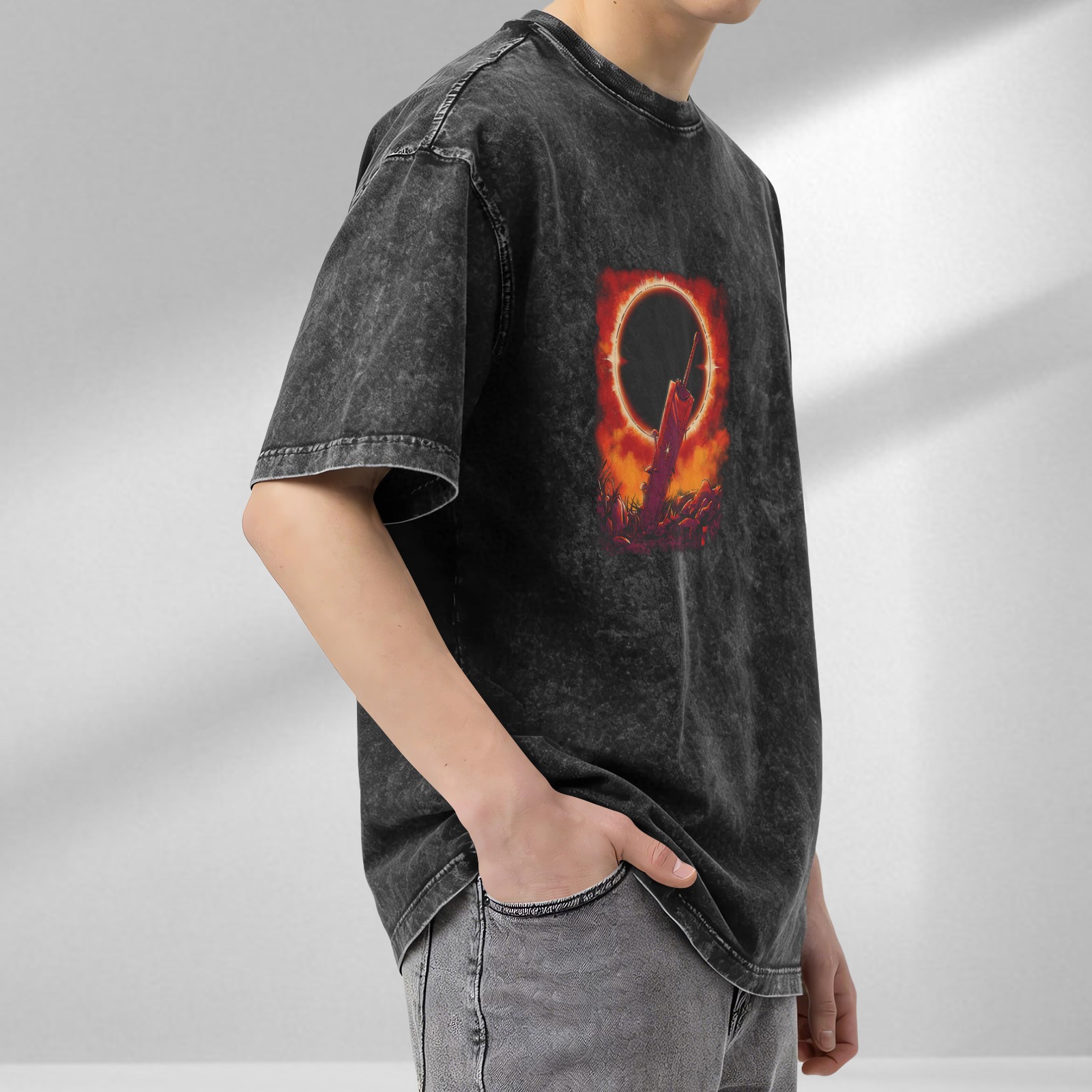 Distressed black loose short-sleeved T-shirt with solar eclipse sword pattern printed on the chest