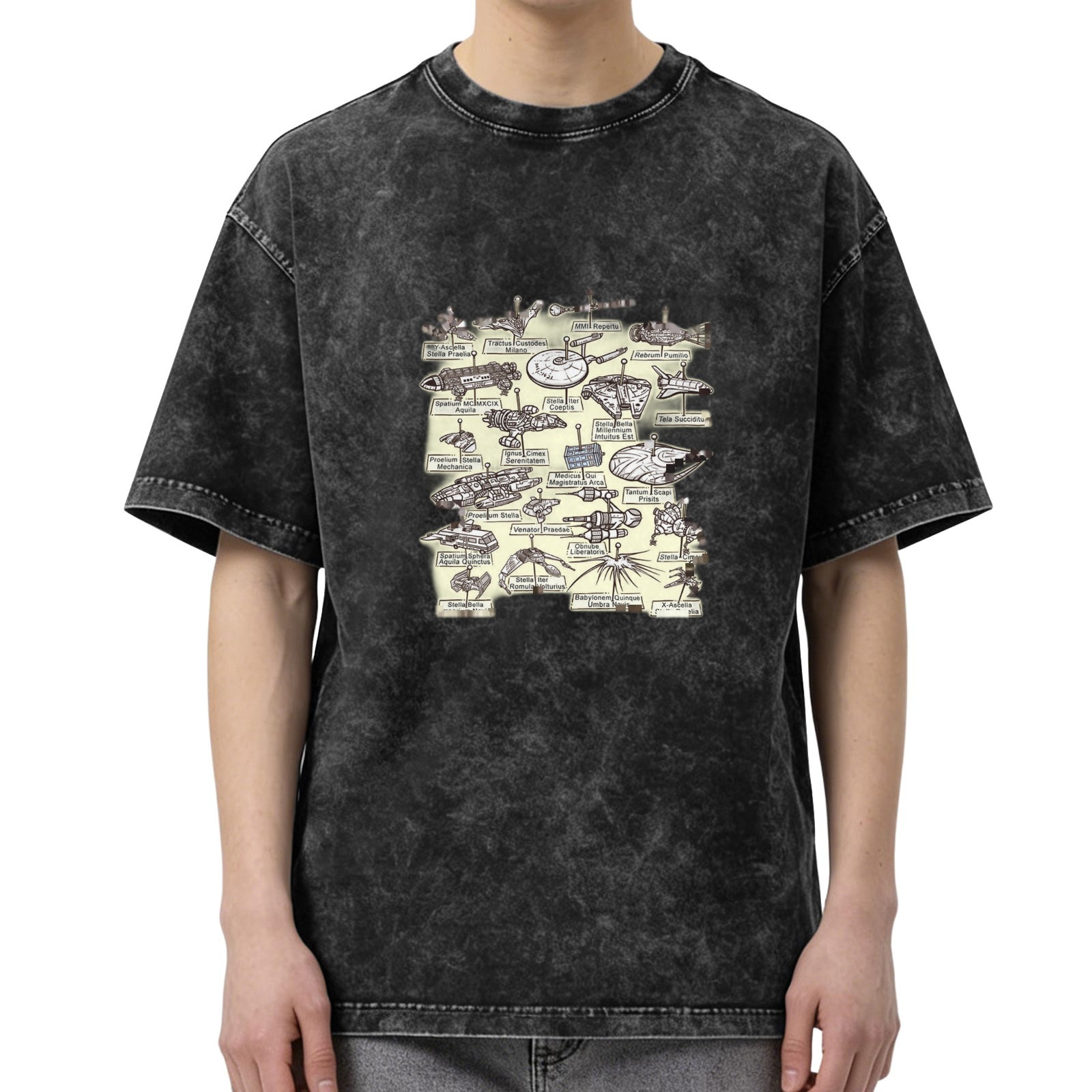Retro washed black sci-fi spaceship print short-sleeved T-shirt