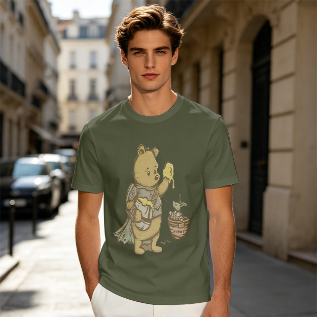 Olive t-shirt with Winnie the Pooh holding honey and a small rabbit in a honey pot