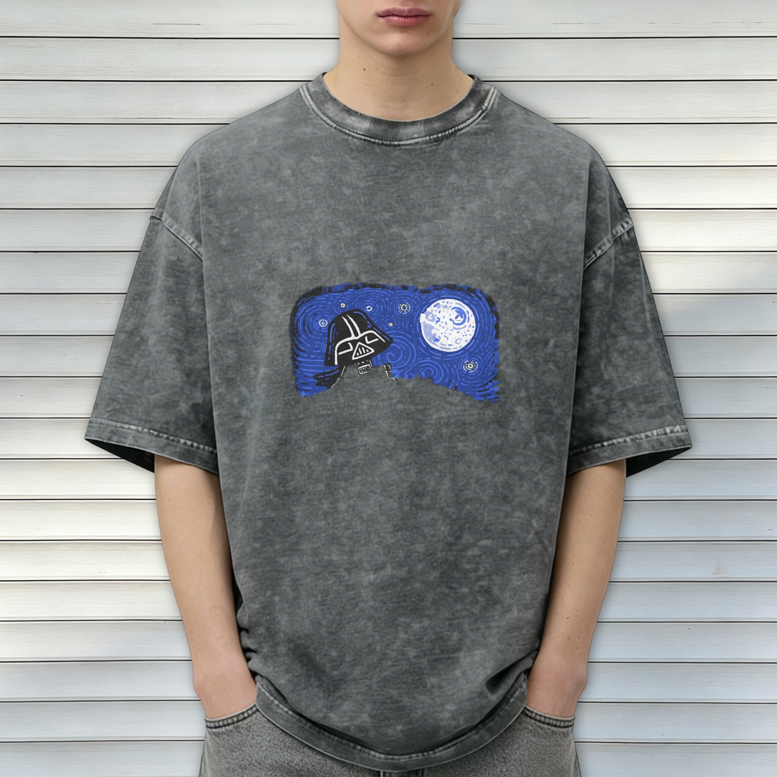 Washed black t-shirt with Darth Vader and Death Star graphic