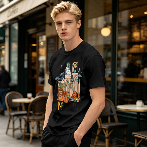 Olive T-Shirt With Whimsical Wizard Cat Castle Graphic