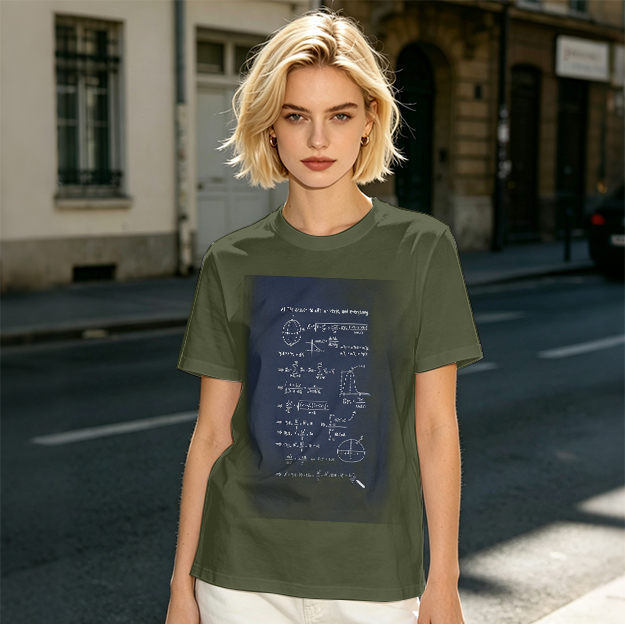 Olive Green T-Shirt with Science Math Formulas Print