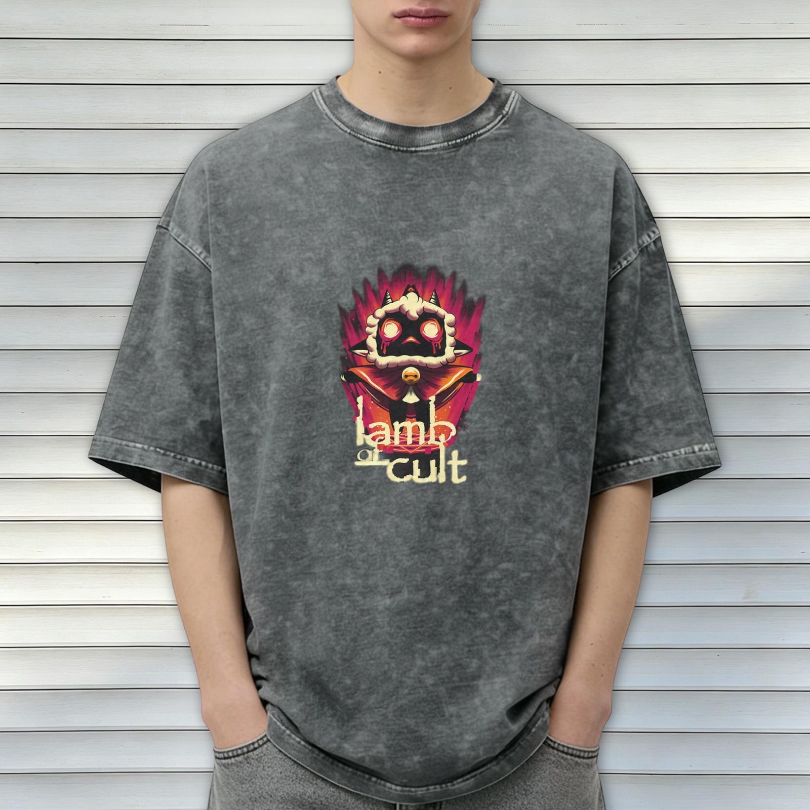 Washed Black Graphic T-Shirt With Lamb Of Cult Artwork