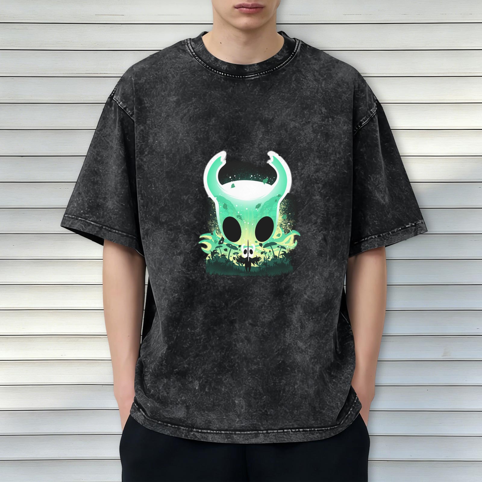 Oversized Dark Wash T-Shirt With Glowing Green Horned Skull Art