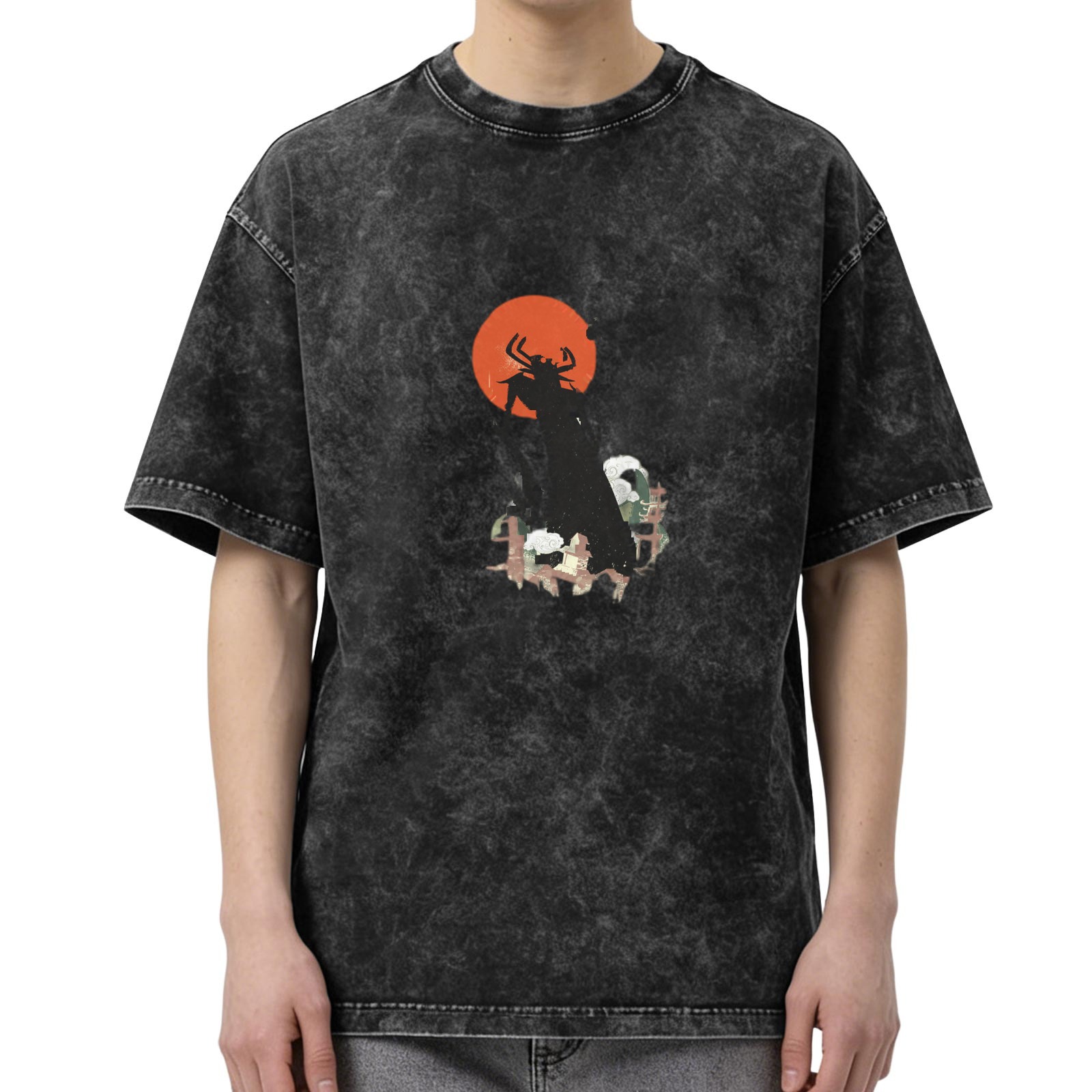 oversized acid wash graphic t-shirt with red moon and dark figure print