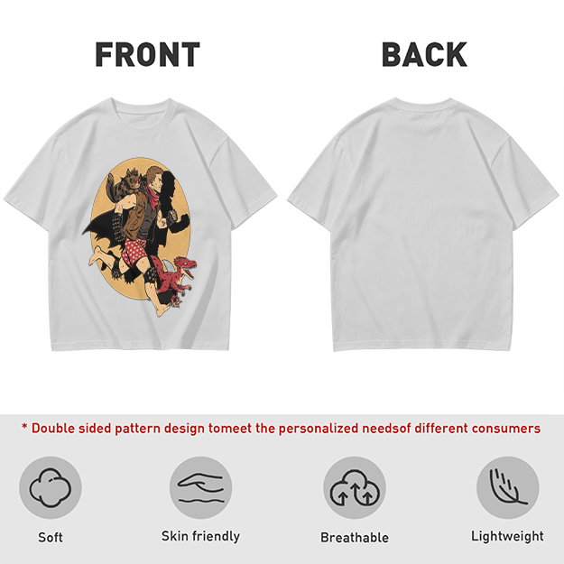 Olive T-Shirt With Fantasy Running Character And Creatures Print