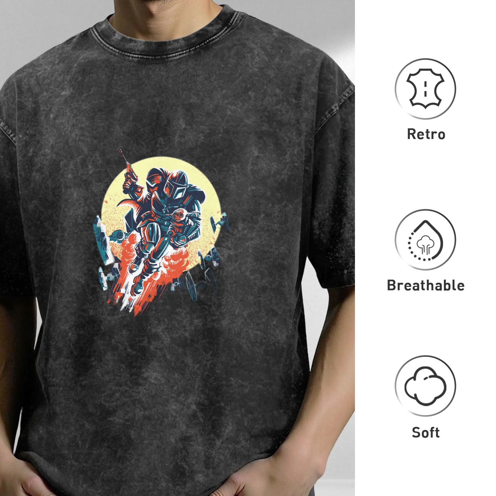 Washed Black Oversized T-Shirt with Sci-Fi Warrior Graphic Print