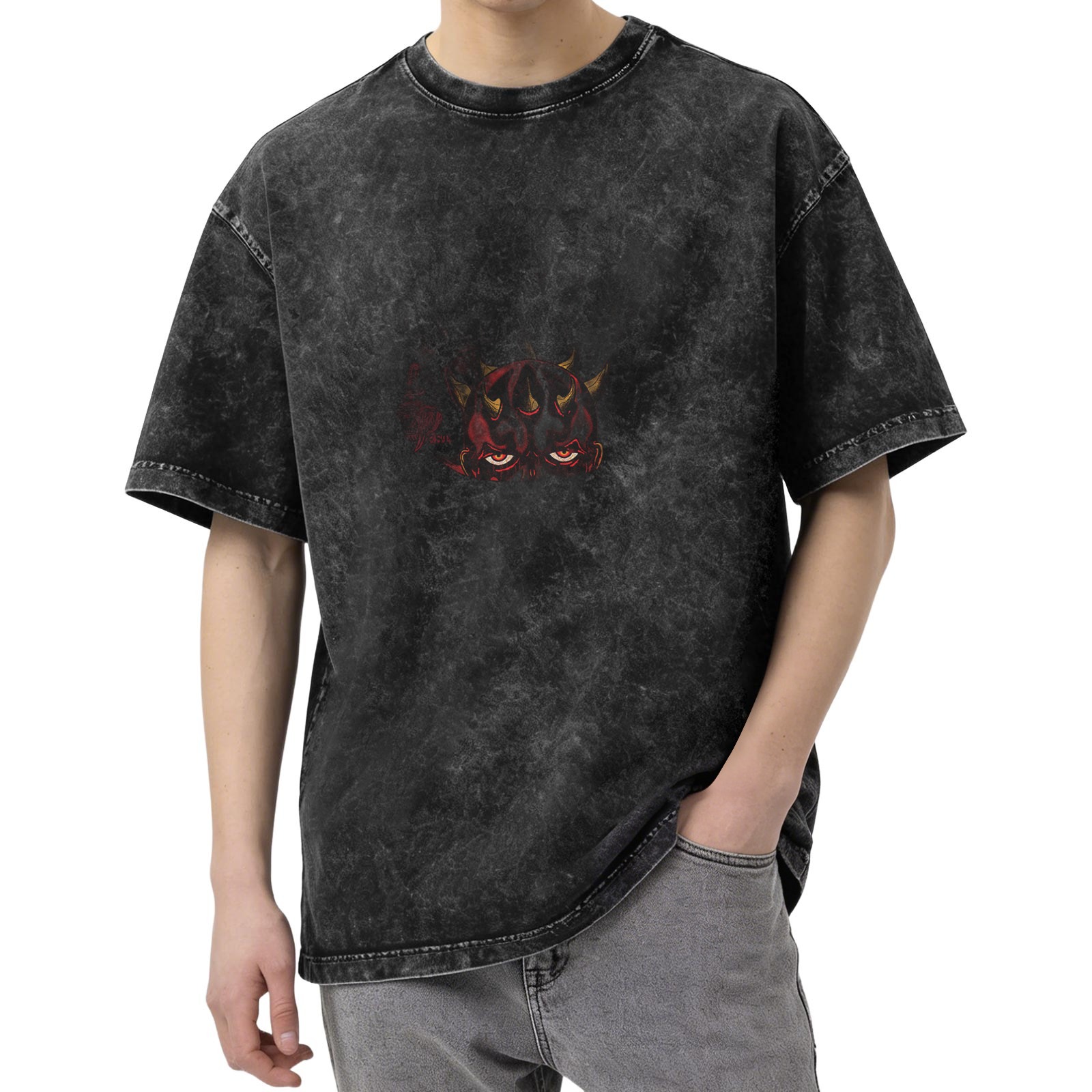 Oni Demon Face Print Oversized Acid Wash T-Shirt