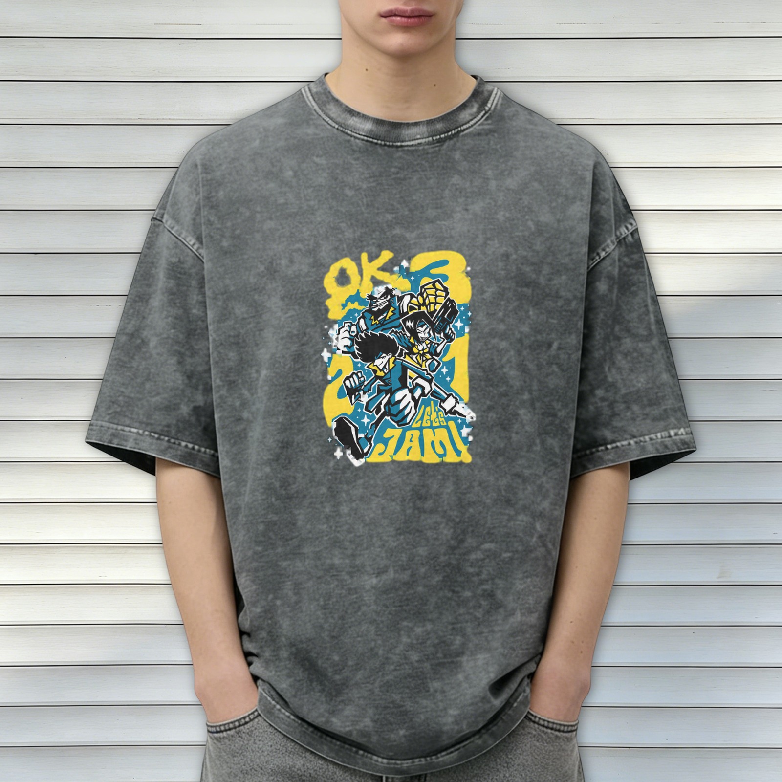 Distressed washed black loose short-sleeved T-shirt with cartoon animation style pattern and the words 