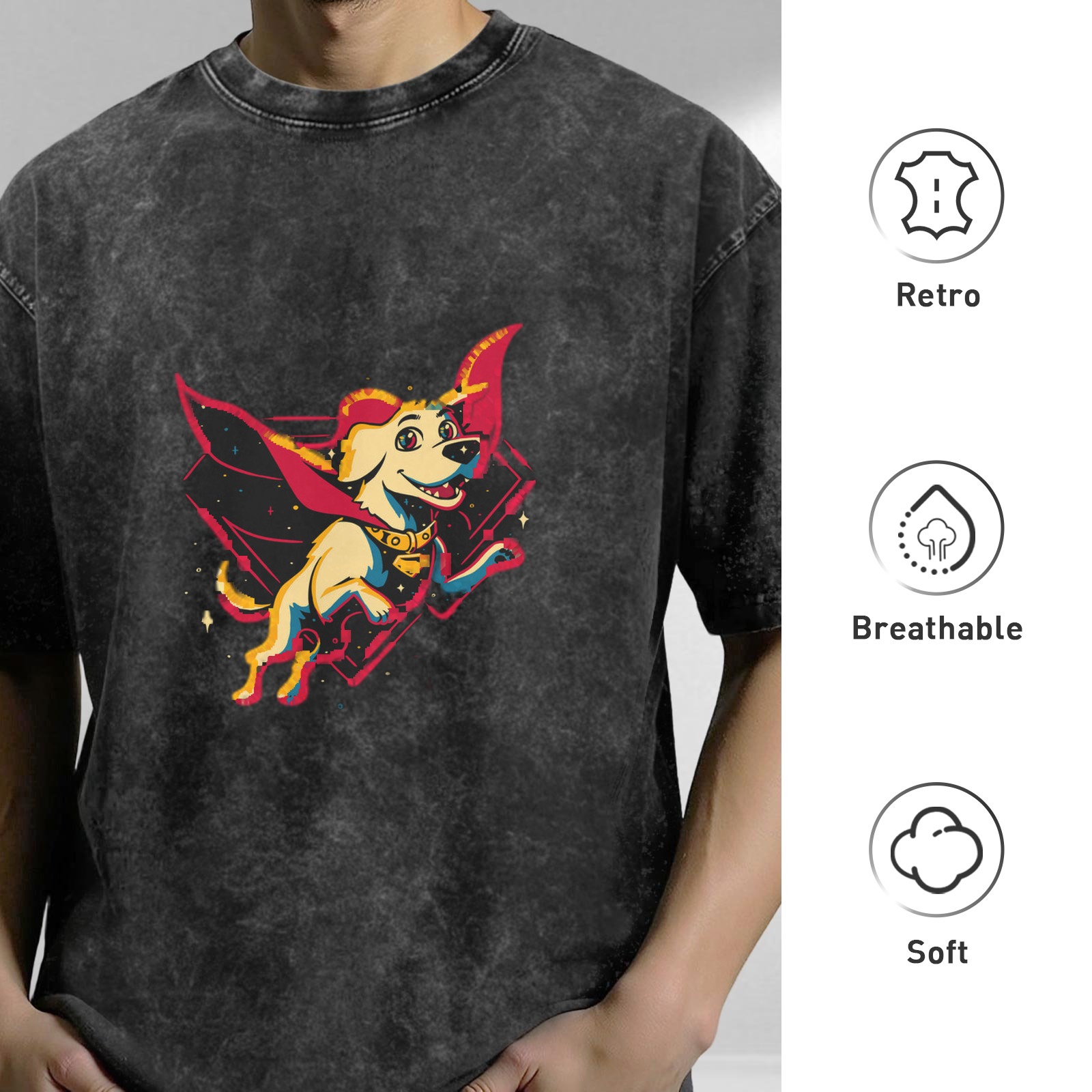 Oversized Dark Wash T-Shirt With Superhero Dog Graphic