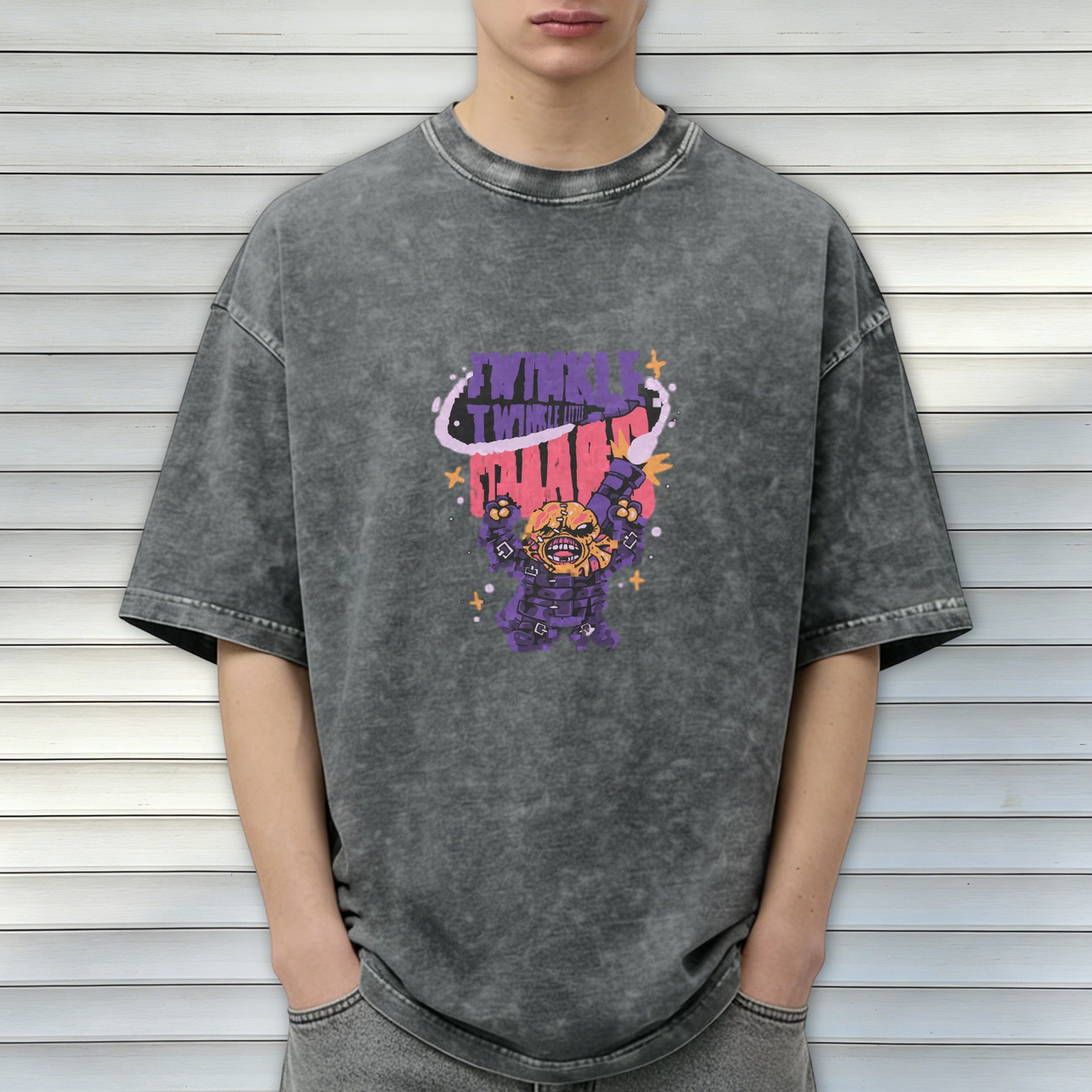 Washed black graphic t-shirt with Twinkle Twinkle Chaos monster print