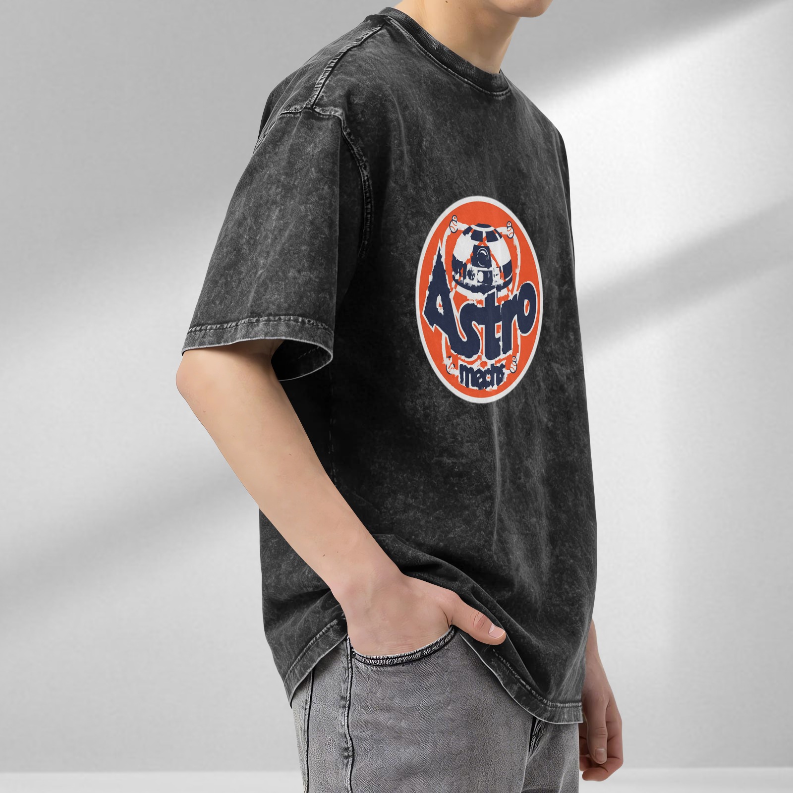 Distressed washed black round neck short-sleeved T-shirt Retro Astro themed printed casual top