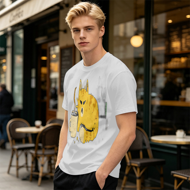 Olive T-Shirt With Grumpy Cat Holding Hot Coffee Print