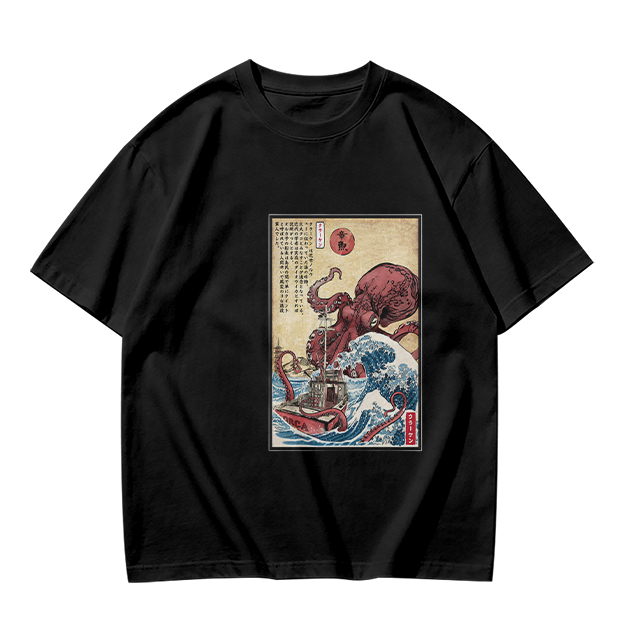 Olive T-shirt with Japanese octopus and wave woodblock print