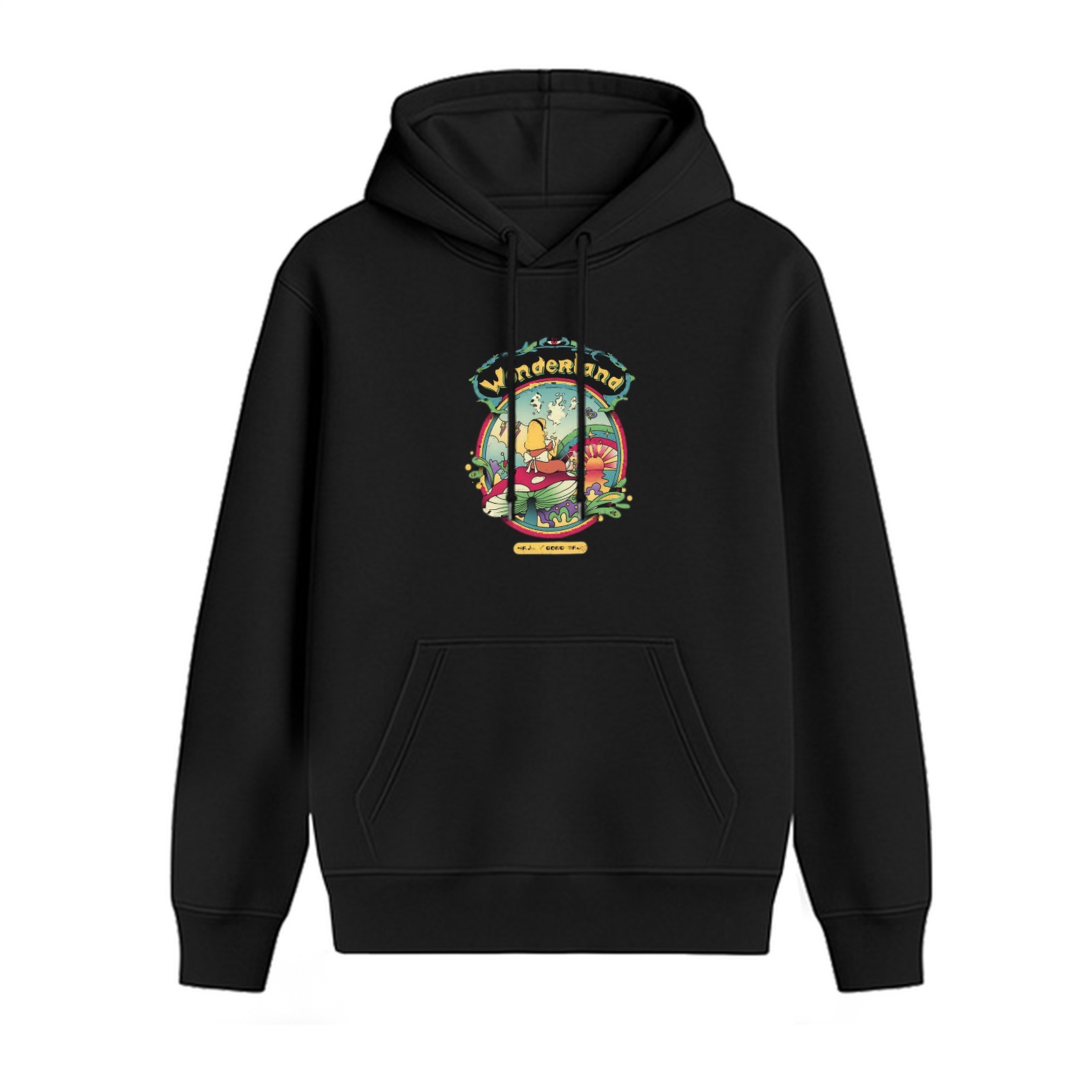 Black Wonderland Graphic Hoodie With Whimsical Fantasy Art Print