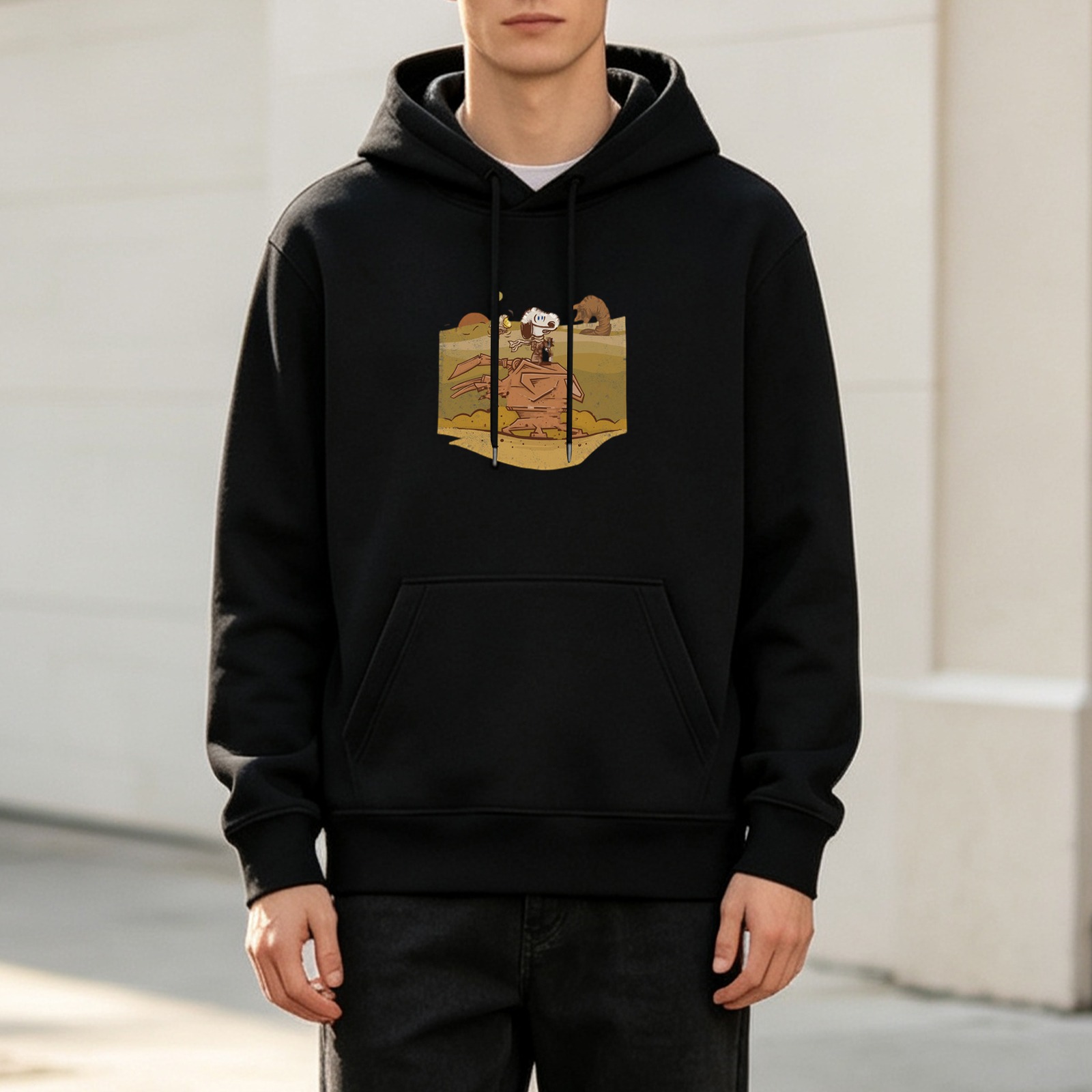 Black hoodie with desert sci-fi dog riding walker graphic
