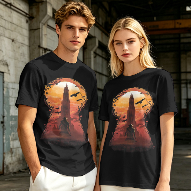 Olive T-Shirt with Keyhole Sunset Tower Art Print