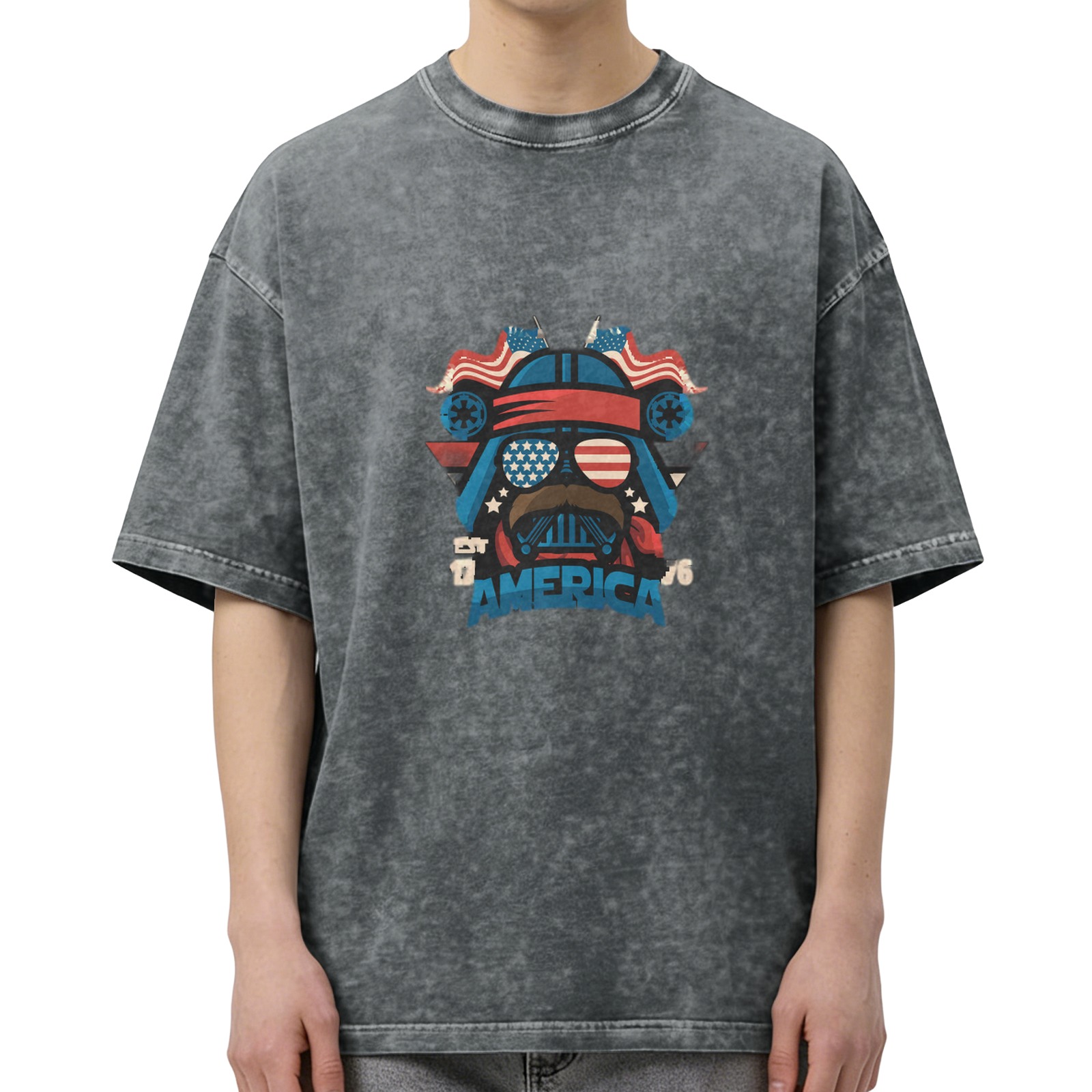 Oversized Vintage Wash T-Shirt with Patriotic Darth Vader Graphic Design