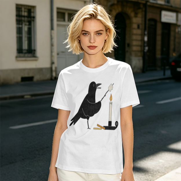 Olive T-Shirt With Crow Roasting Marshmallow Over Candle Print