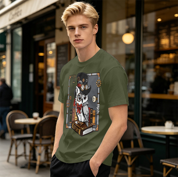 Owl in Steampunk Attire on Book Graphic Tee