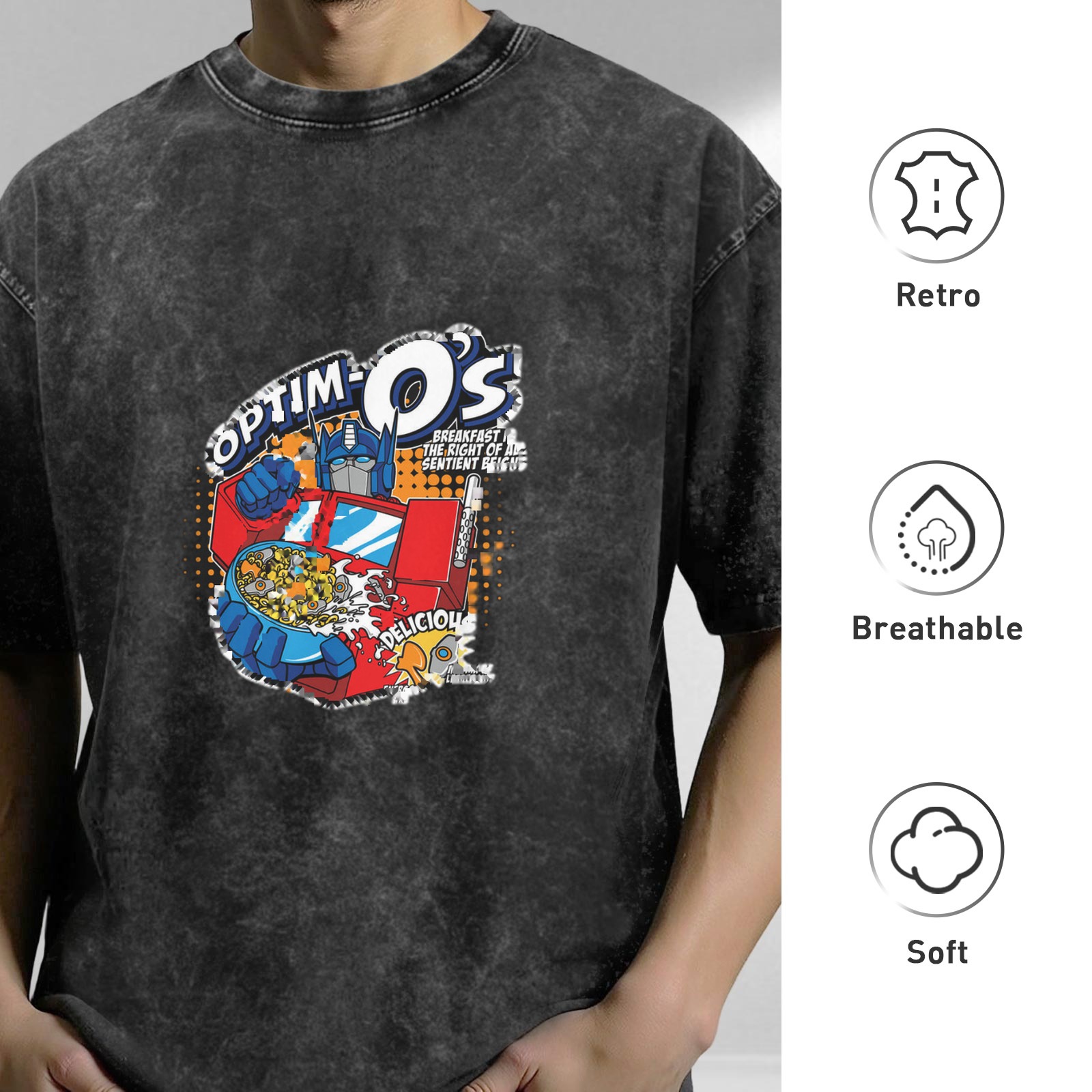 Washed Black T-Shirt with Optim-O's Transformers Graphic Print