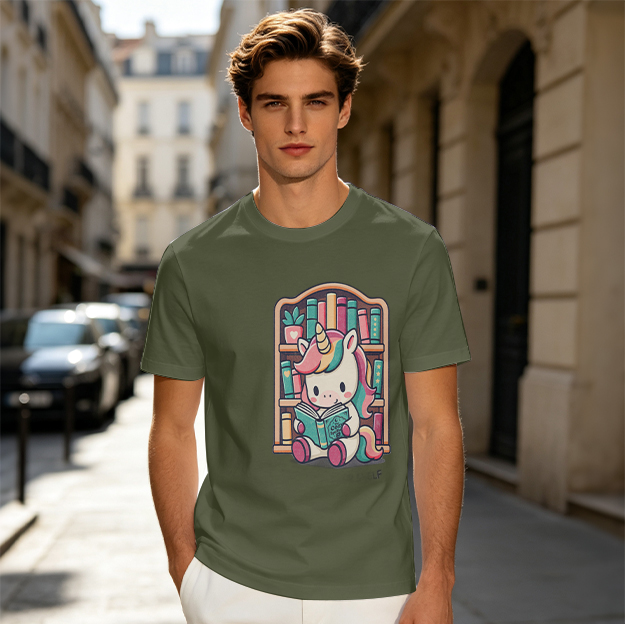Olive T-shirt with Cute Unicorn Reading Book Bookshelf Print