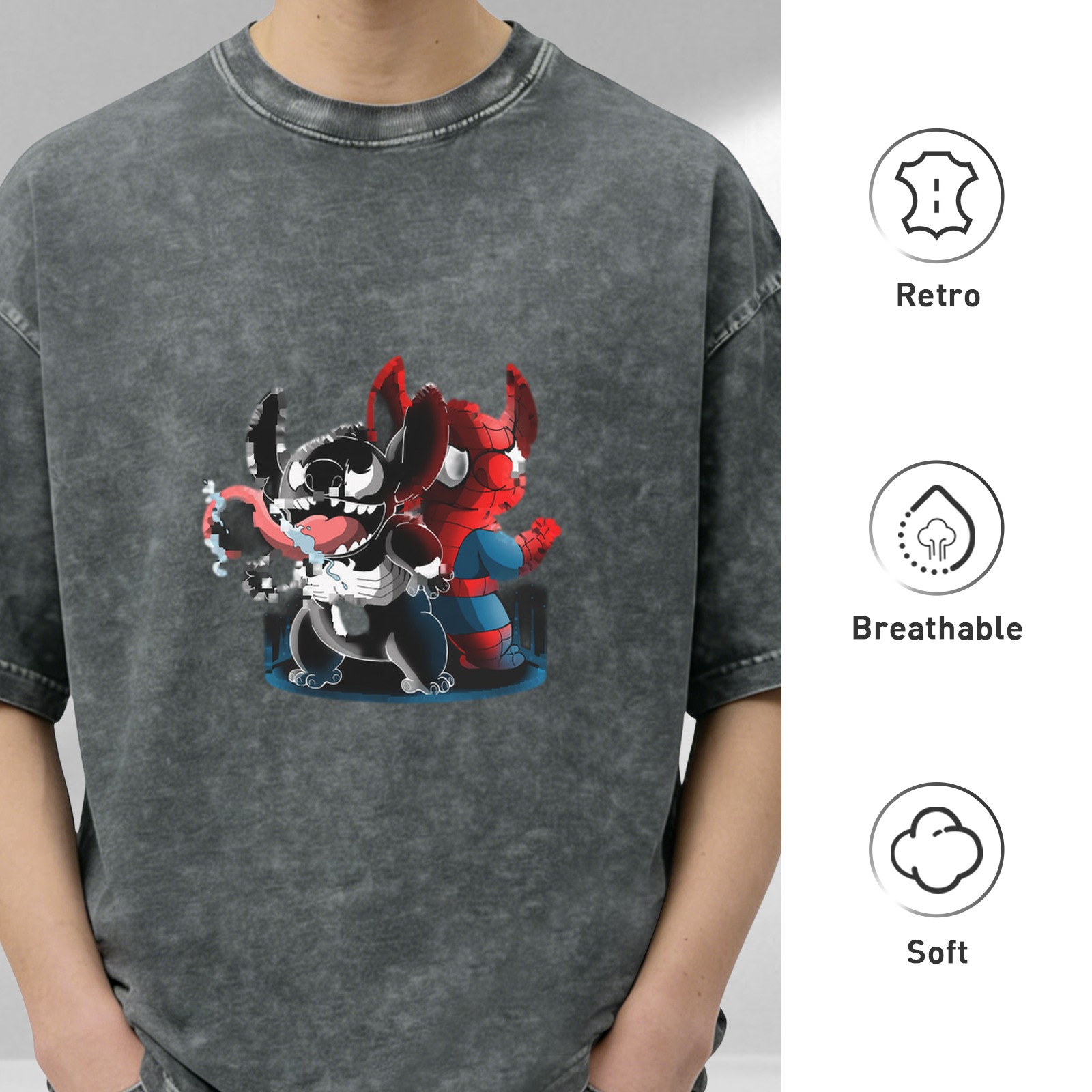 Oversized Acid Wash T-Shirt with Stitch Venom and Spider-Man Graphic